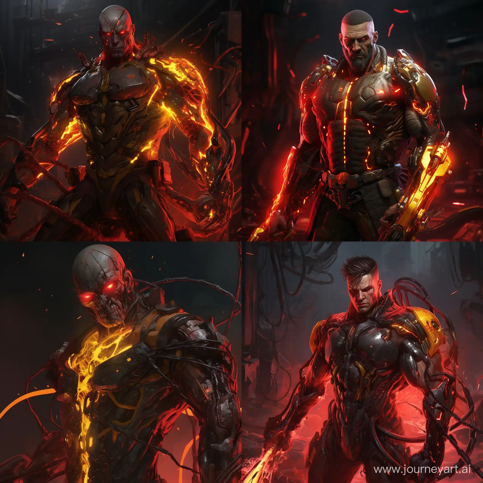 Cyberpunk-Warrior-with-Fiery-Hammer-in-RedYellow-Cybernetic-Suit