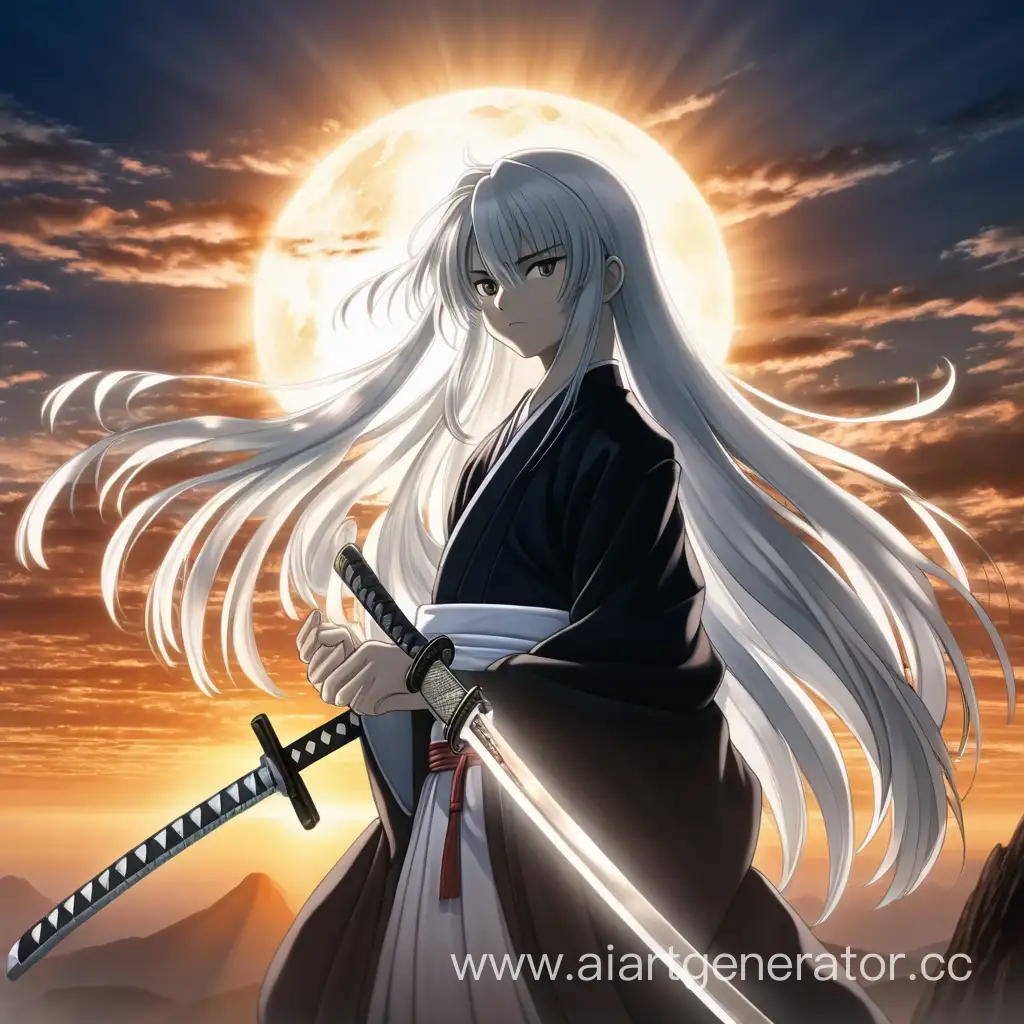 Аниме персонаж мальчик 10 лет с белыми длинными волосами, катаной, страшной аурой и в форме Шинигами, на фоне солнце и красивая женщина