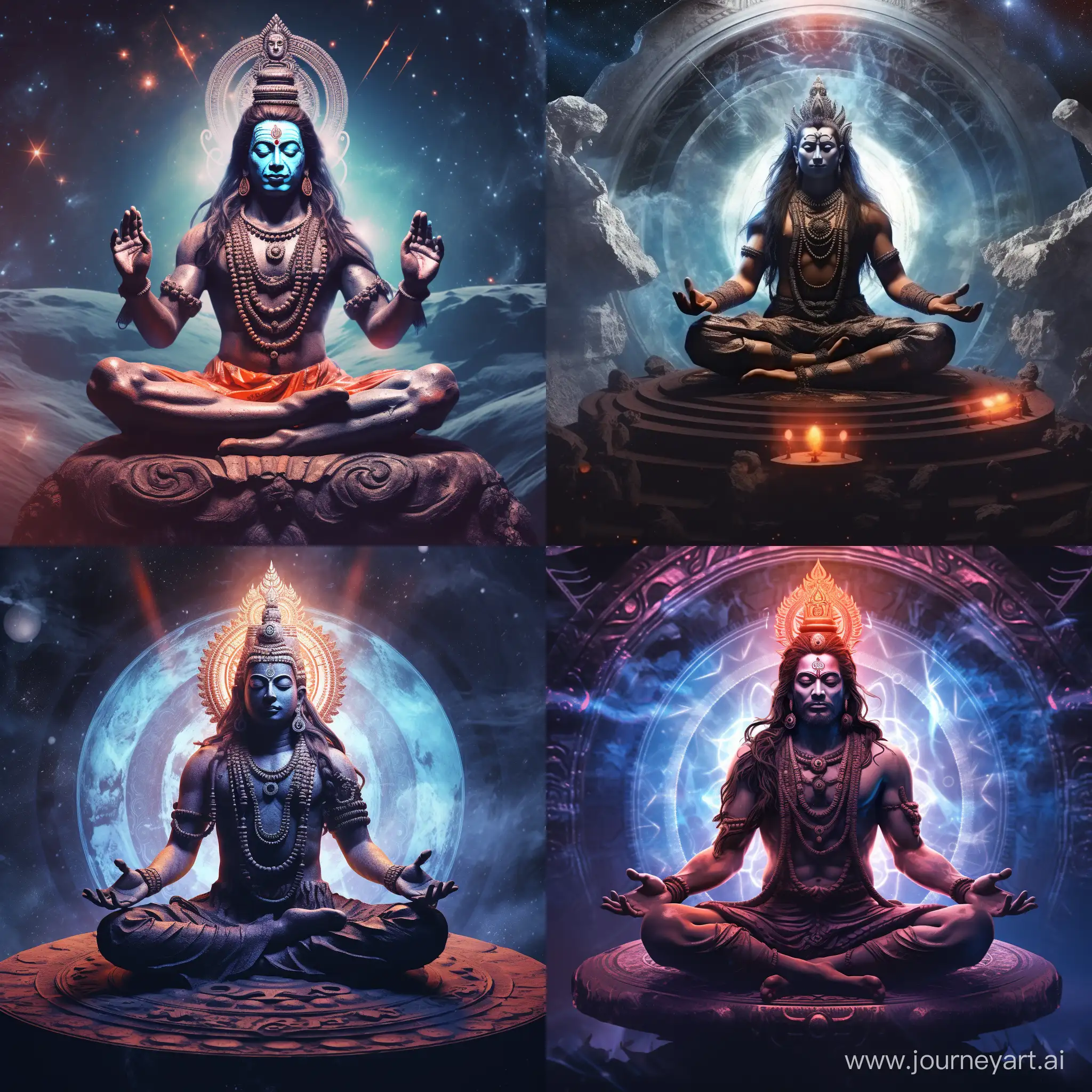 Hindu Indian god Shiva Mahadev,Shiva watching multiverse sitting cross-legged in a cosmic setting, style mystical 