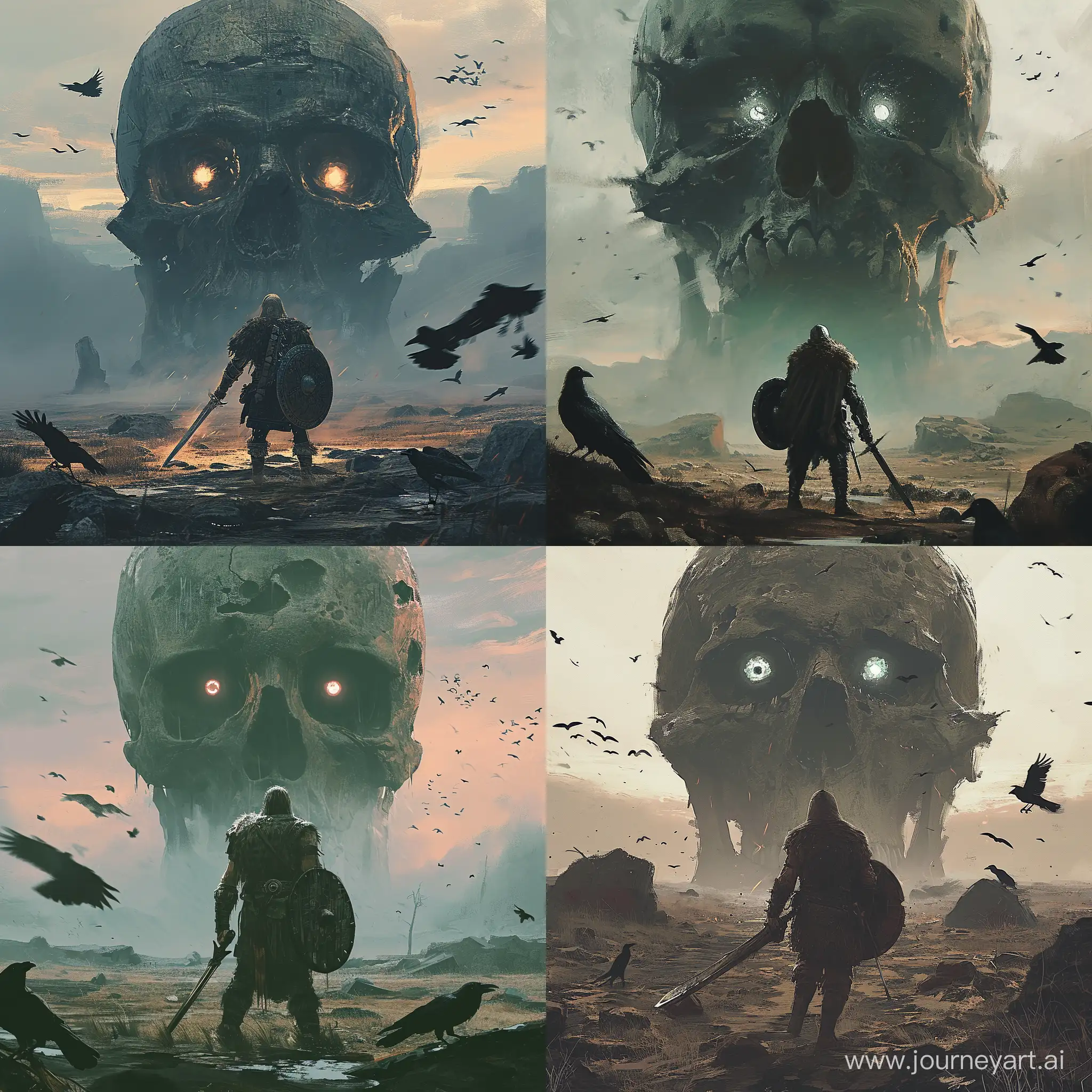 A warrior stands in a desolate land with a giant skull looming above them. The warrior is equipped with a sword and shield, there is a skull with glowing eyes in the background. The scene is set at dusk, there are crows flying around. --v 6