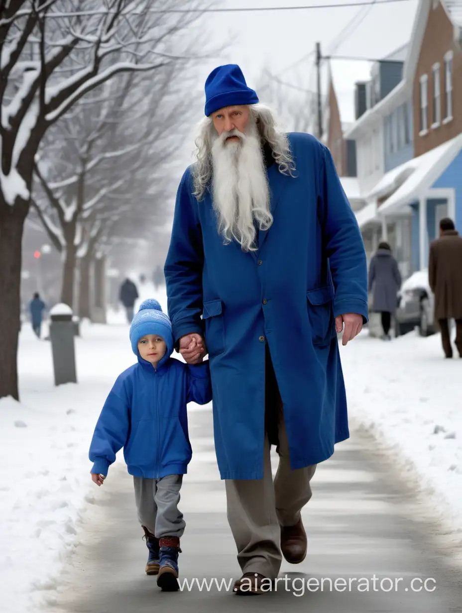 Высокий мужчина пятидесяти лет подходит к пятилетнему ребенку. У мужчины длинная белая борода. Мужчина одет в синюю свободную одежду. На мужчине синяя шапка. У мужчины кудрявые белые волосы. Мужчина идет по заснеженной улице. 
