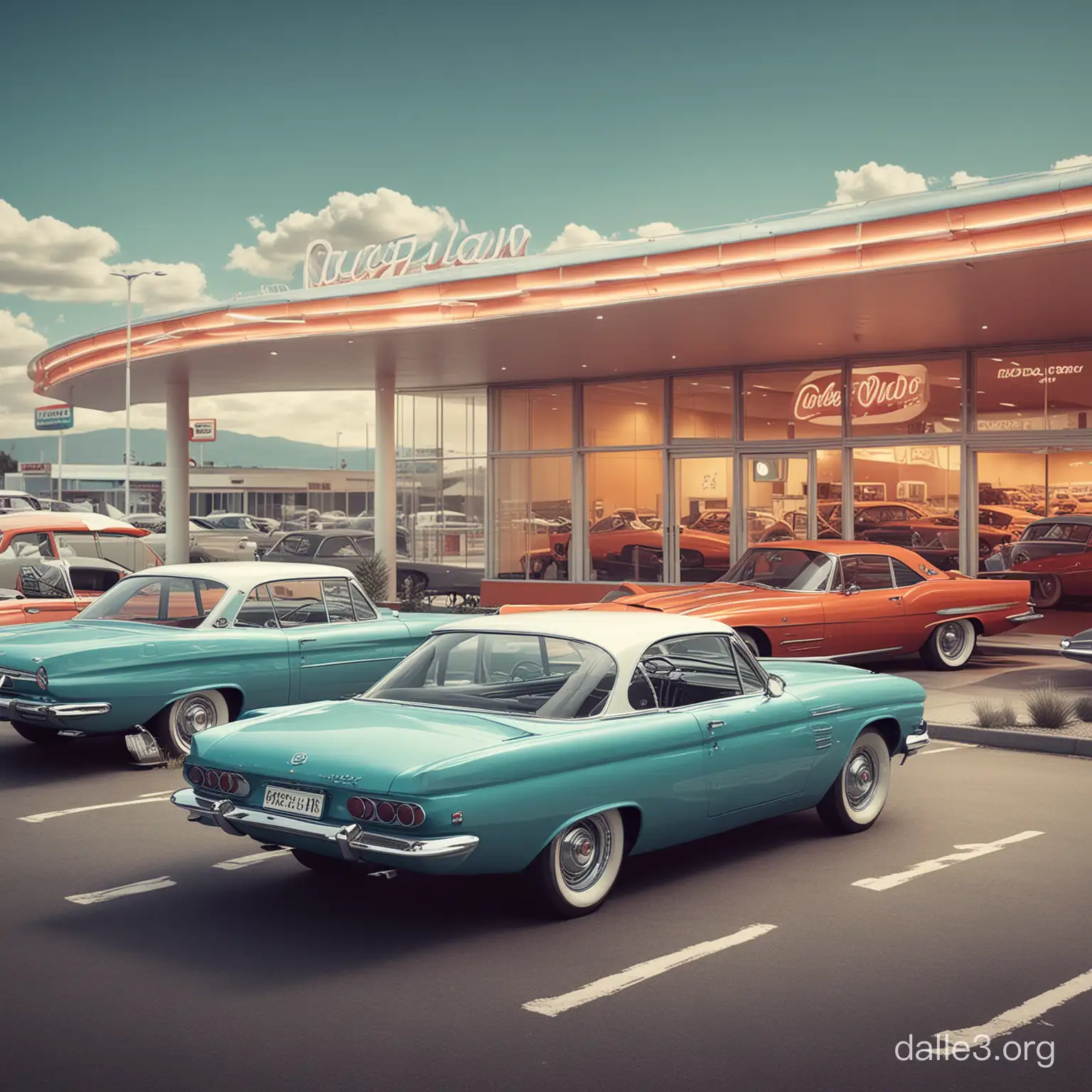 Create a vivid illustration depicting a retro car dealership reminiscent of a 1960s post-war imagination of the future. Capture the 1960s optimism theme in the design, evoking a speculative glimpse into a world shaped by the fears and aspirations of the Cold War era