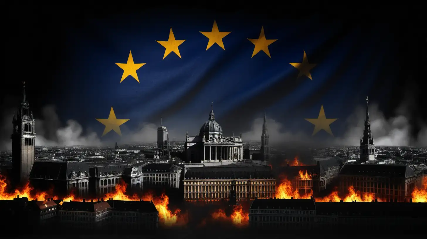 depict europe going thrugh economy crisis, with europe government buildings, or city, in a bit fire and darkness and just a glimpse of europe flag faded and not so visible flag 