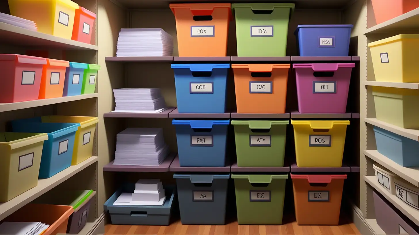 Paper filed away neatly in a closet in stacked plastic bins colorful pixar style no watermark