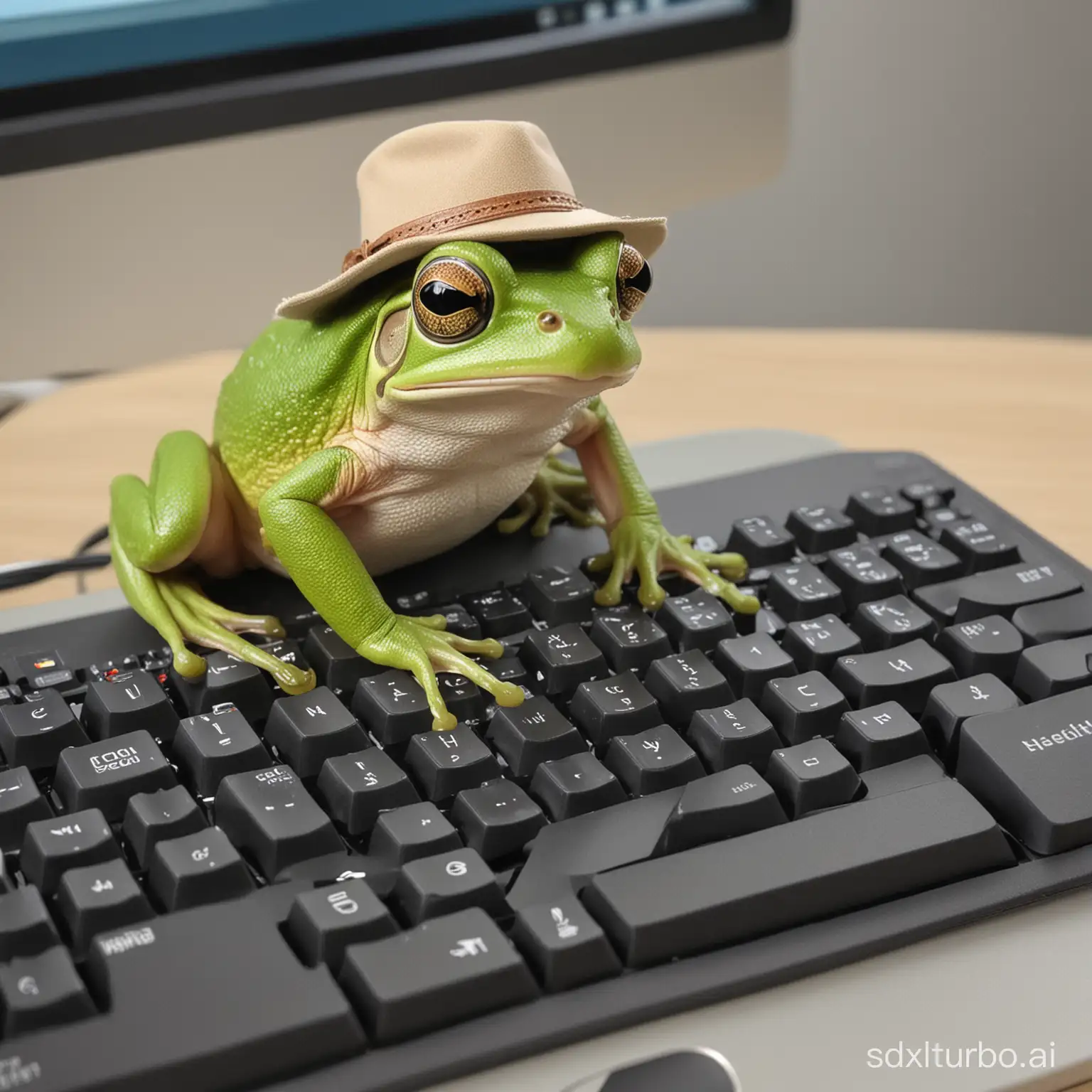 a frog on a hat typing on a keyboard of a computer