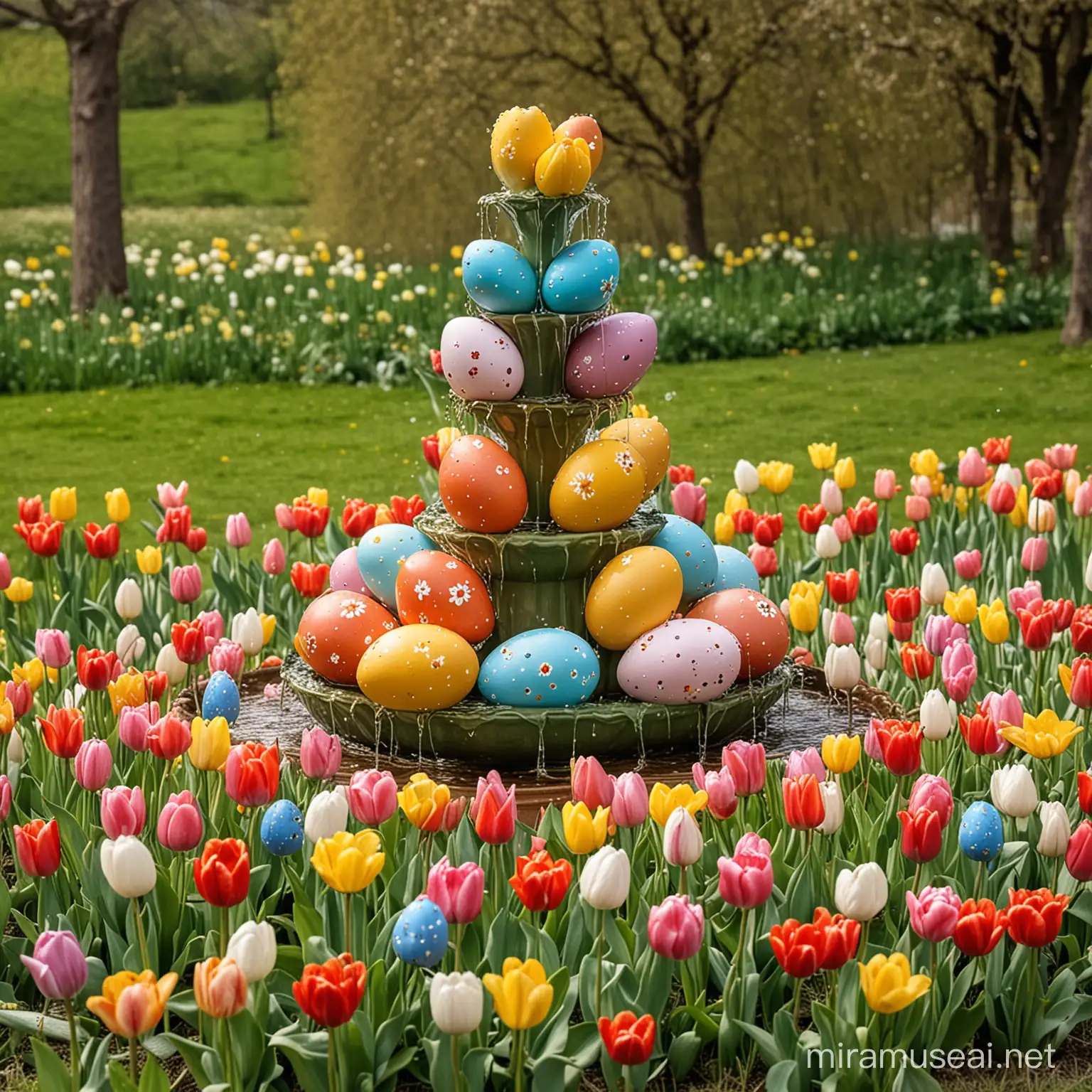 Easter Fountain Adorned with Colorful Eggs amidst Tulip Meadow