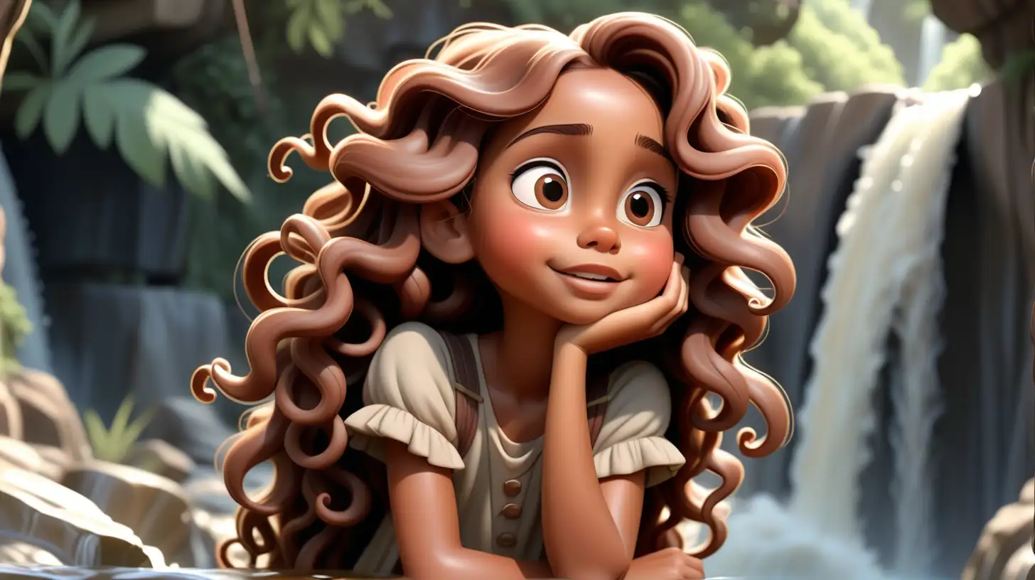 A beautiful 7 year old girl, waterfall landscape, thinking, slight smiling, light brown skin , looking up , with extremely long brown detailed curly hair, round face, blush, highlights on cheeks, beautiful lips, cute disney style character, childlike cartoon, full frame shot