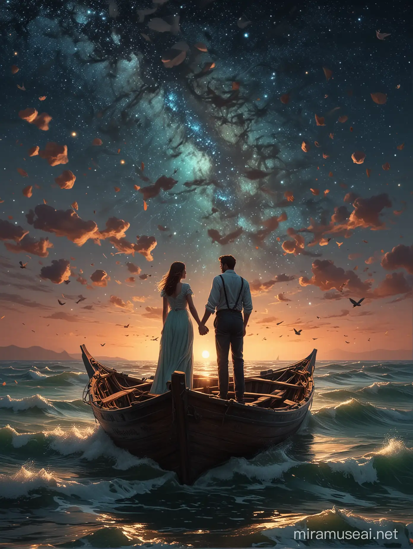 "Love Under the Stars: This art poster unfolds an eternal story of love and destiny.  In the soft light of the starry sky, similar to the paintings of Van Gogh,   stand on board the ship, hand in hand, side by side, like two bright points in the ocean of time, their gazes intertwined like stars on the canvas of the night sky.  Raising their hands to the sky, they seem to live in their own little fairy tale, despite the sorrow and danger.  Tenderness, passion, romance and tragedy merge in this picture, forcing the viewer to forget about time and plunge into the world of their love.Digital painting, low poly, soft lighting, bird's eye view, isometric style, retro aesthetic, character oriented, 4K resolution, photorealistic rendering, using Cinema 4D