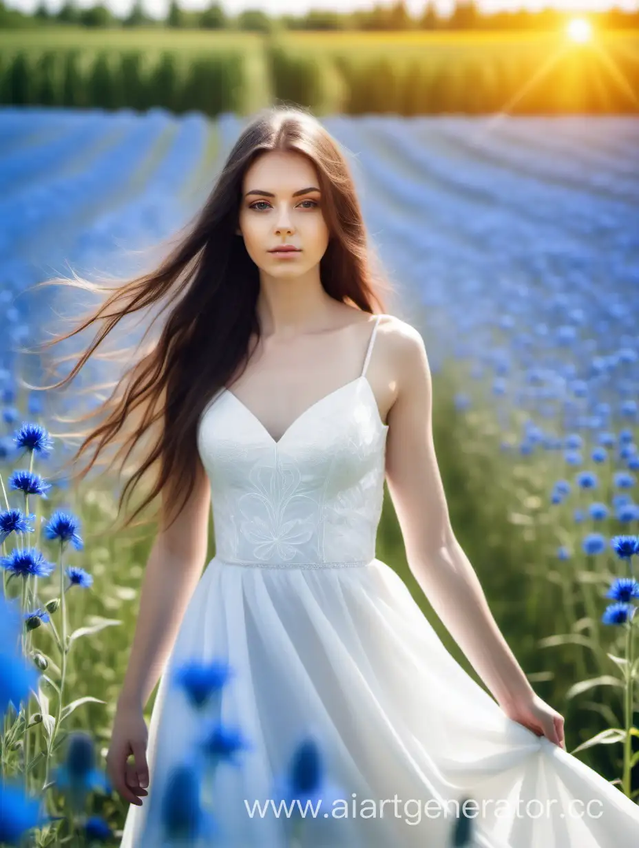 young beautiful brunette woman with long hair in a white wedding dress against the sunny day in a field of cornflowers