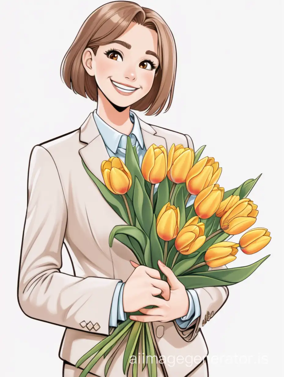 маскот, взрослая девушка в строгом костюме светлого цвета улыбается и держит в руках букет тюльпанов, задний фон белого цвета