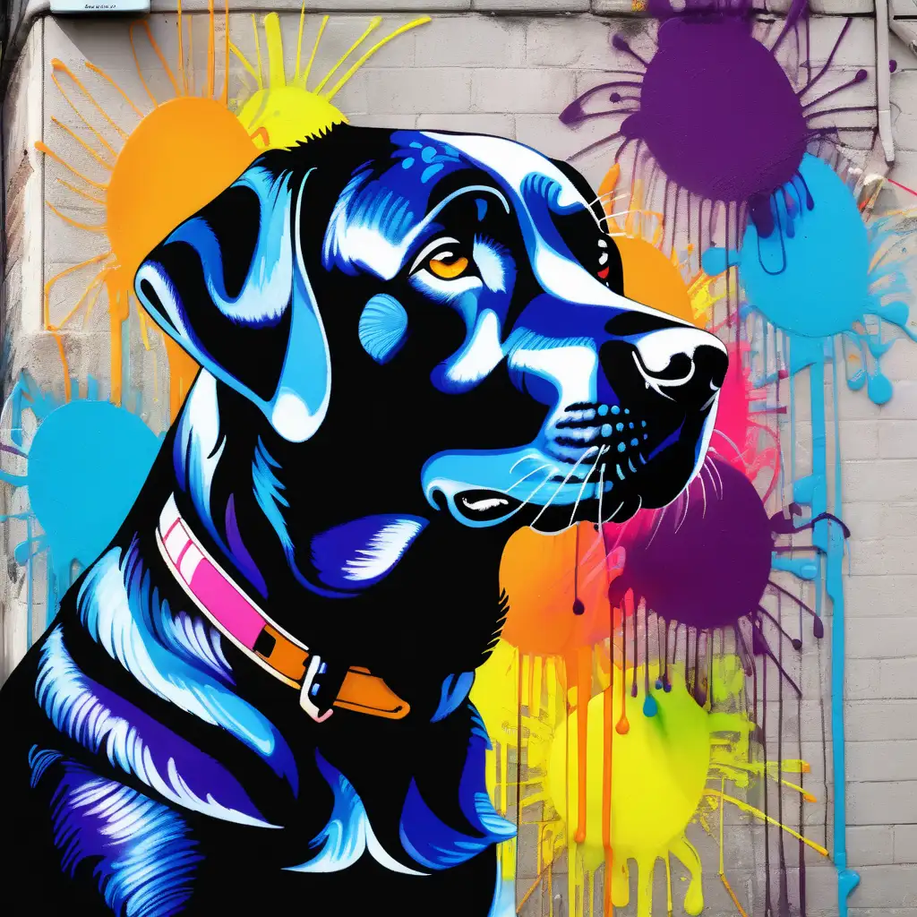 a colorful black labrador portrait with vibrant colors in graffiti style