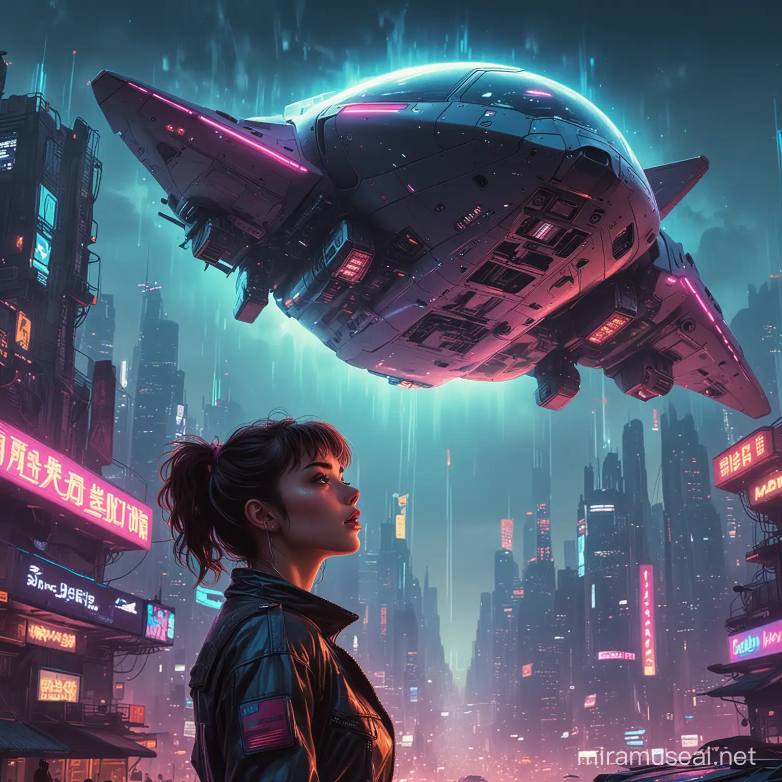 Girl with Full Lips and Flying Machine in Retrowave Interior