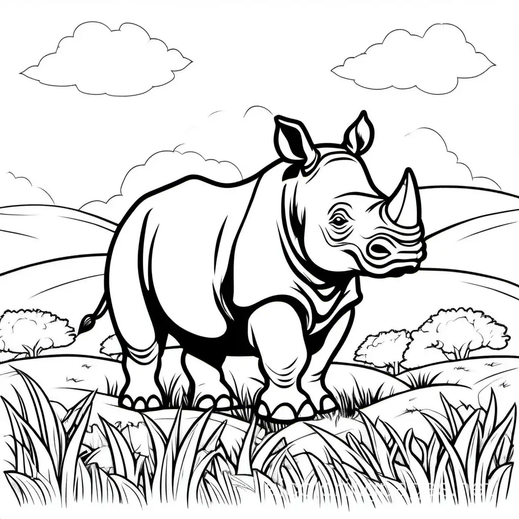 Cute Rhinoceros in a grassy field outline with no shading, Coloring Page, black and white, line art, white background, Simplicity, Ample White Space. The background of the coloring page is plain white to make it easy for young children to color within the lines. The outlines of all the subjects are easy to distinguish, making it simple for kids to color without too much difficulty