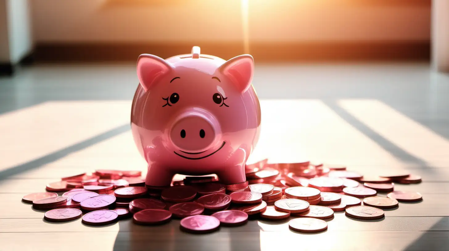 Many pink piggy bank and coins on the floor. sunlight. finance concept