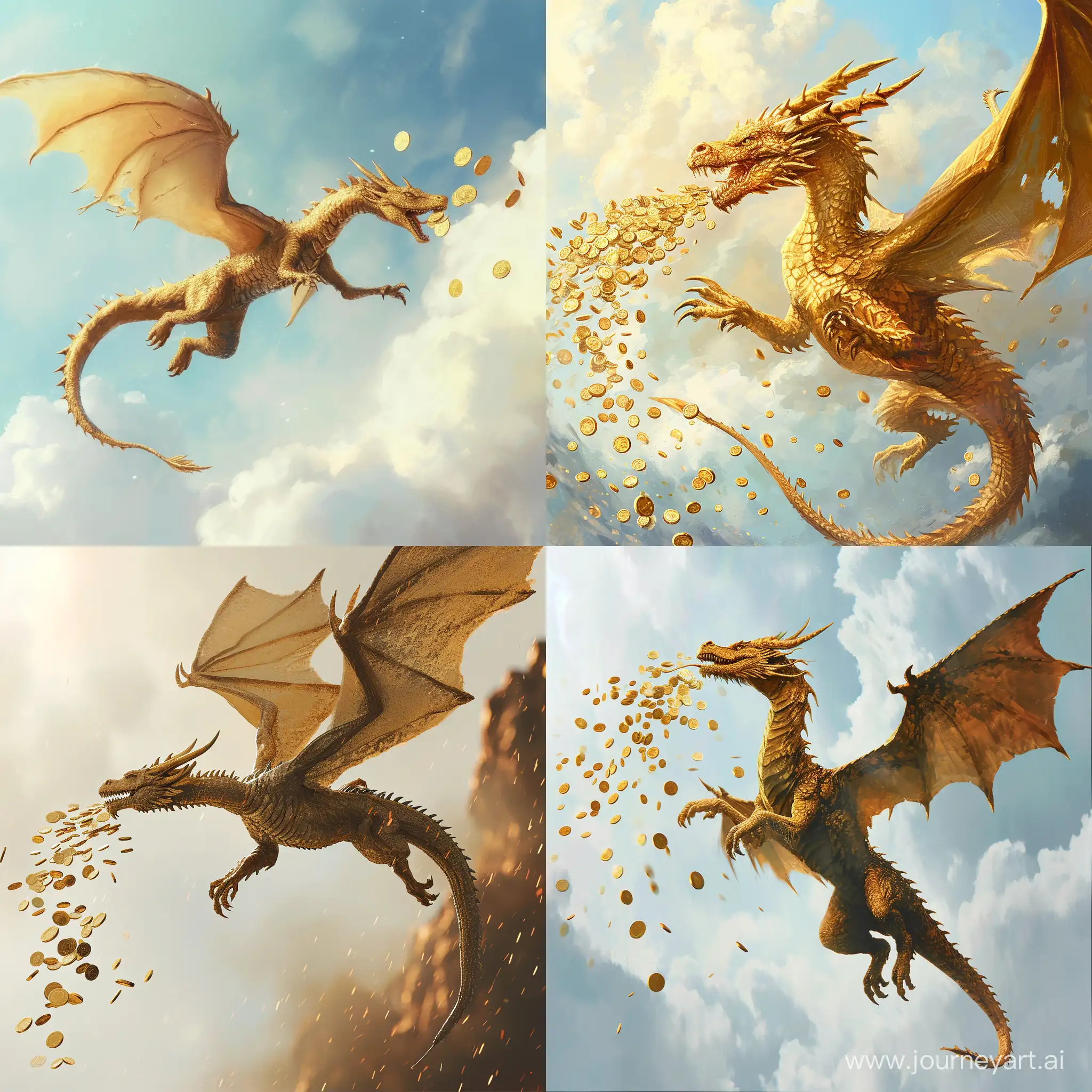 a golden dragon flying in the vanila sky, blowing gold coins, --v 6