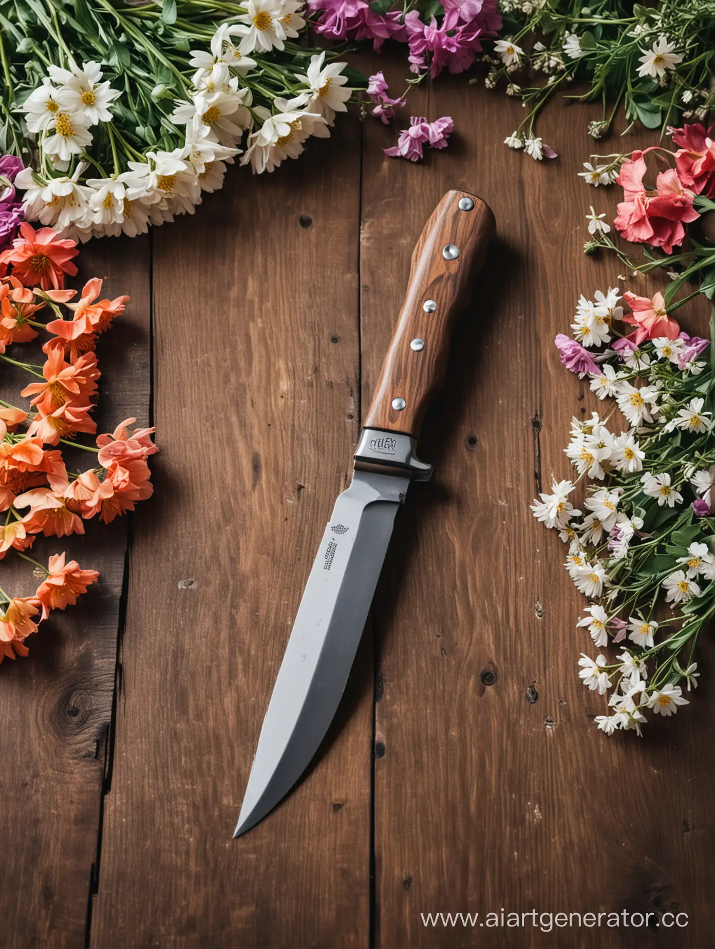 Нож, лежащий в окружении цветов на деревянном столе