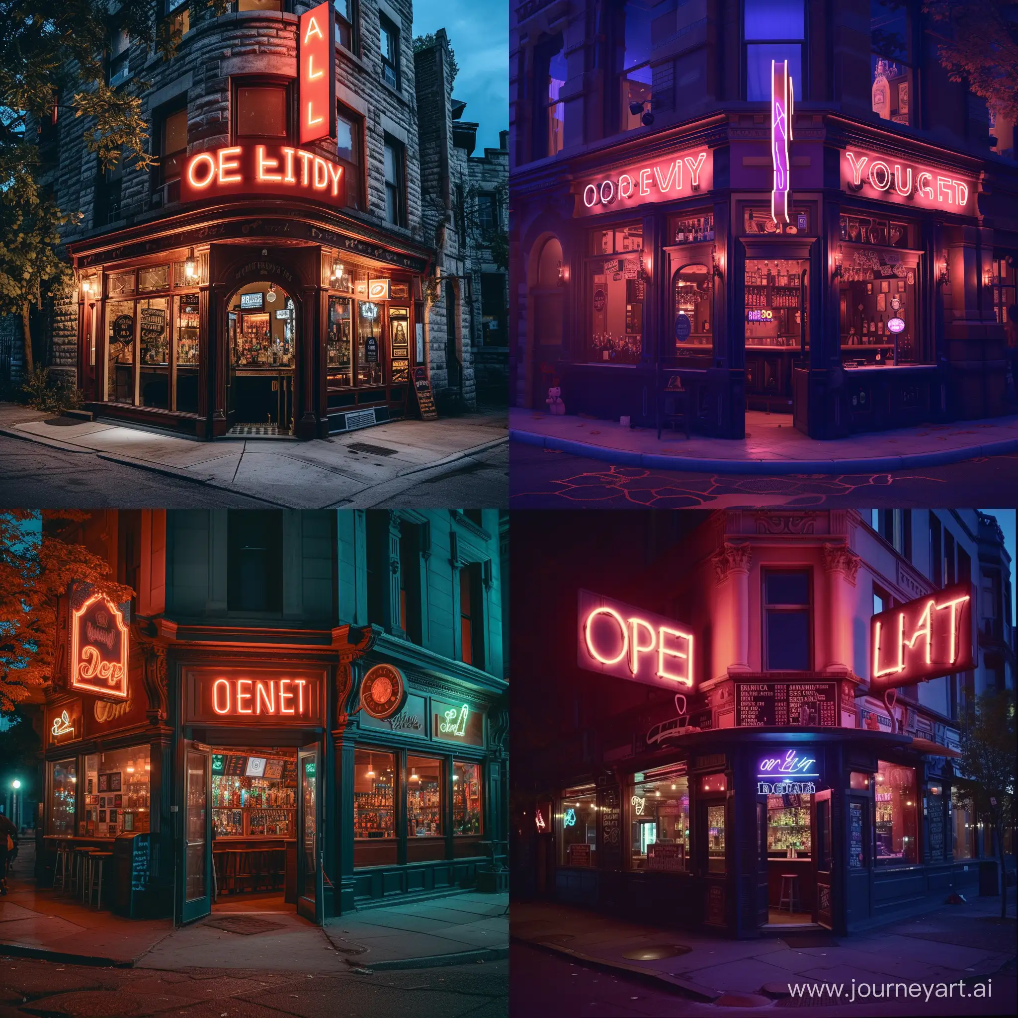 A corner bar with neon sign that says '' open late ''