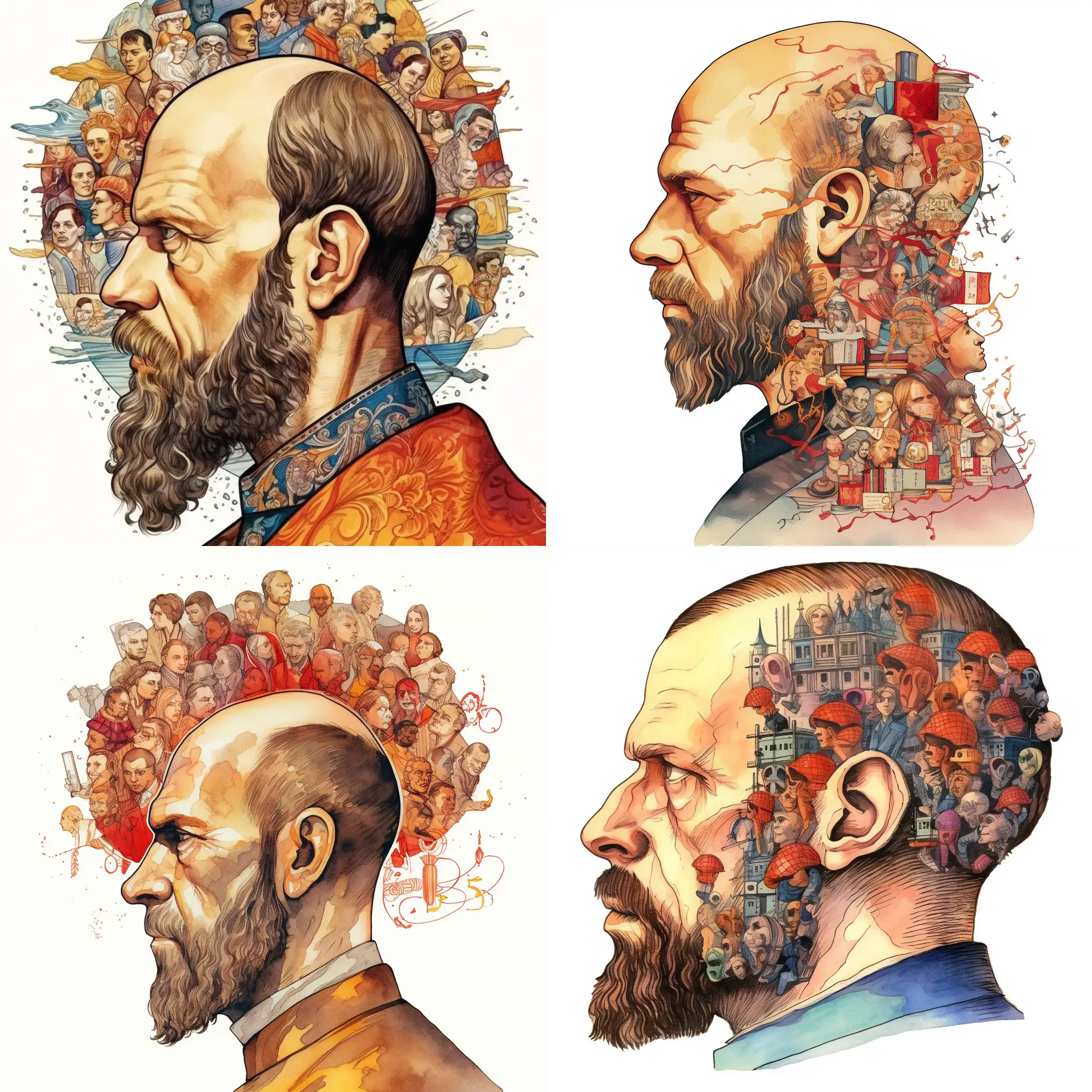 Portrait of Fyodor Dostoevsky, in profile, with a crown on his head, against the background of characters from the book Crime and Punishment, on a white background, caricature, watercolor, in detail, impressionism style, Victo Ngai
