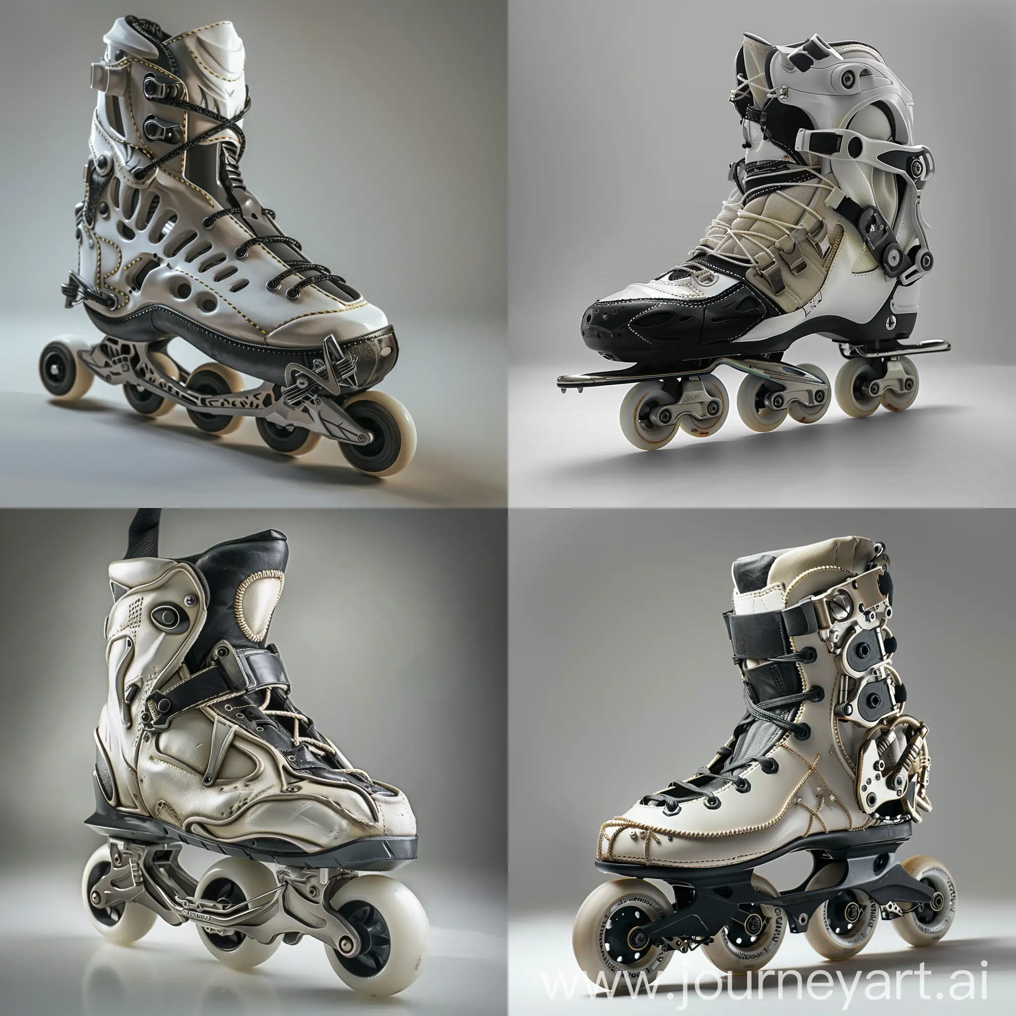 
A roller skate, cyberpunk style, mechanical style, white metal, black leather, exaggerated metal accessories, light gray background, delicate stitching, exaggerated movements, studio lighting, pinhole photography style, soft edges and high details, Nikon d75 photos