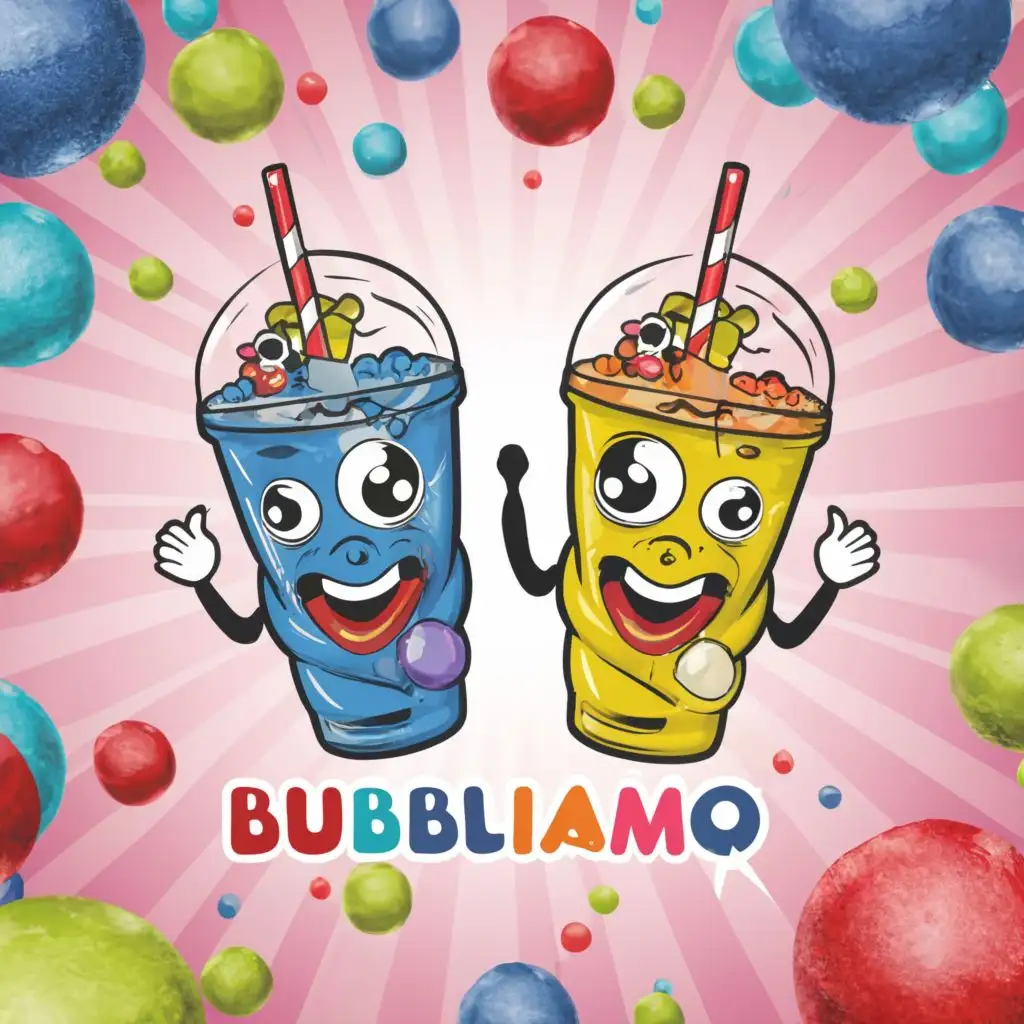 create logo for bubble tea with two plastic bubble tea cups tilted with straw filled with colorful liquid and colored balls with two balls inside with surprised face with background of multicolored light colored balls the text Tel Ch! on top and the text BubbliAMO at the bottom, with the text "Tell me!", typography, be used in Sports Fitness industry
