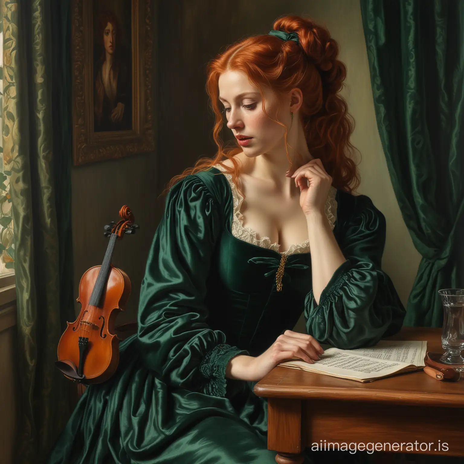 A masterpiece in the Pre-Raphaelite style, a large red-haired bored woman of about 40 with large facial features, thick lips, hair tied at the back of her head, in a dark green velvet dress sits at a small table, in profile, a violin hangs on the wall in front of her, the woman touches the violin with her fingers , dark green velvet curtain in the background, sophisticated dramatic lighting, oil on canvas, brush strokes, masterpiece in the style of Dante Gabriel Rossetti