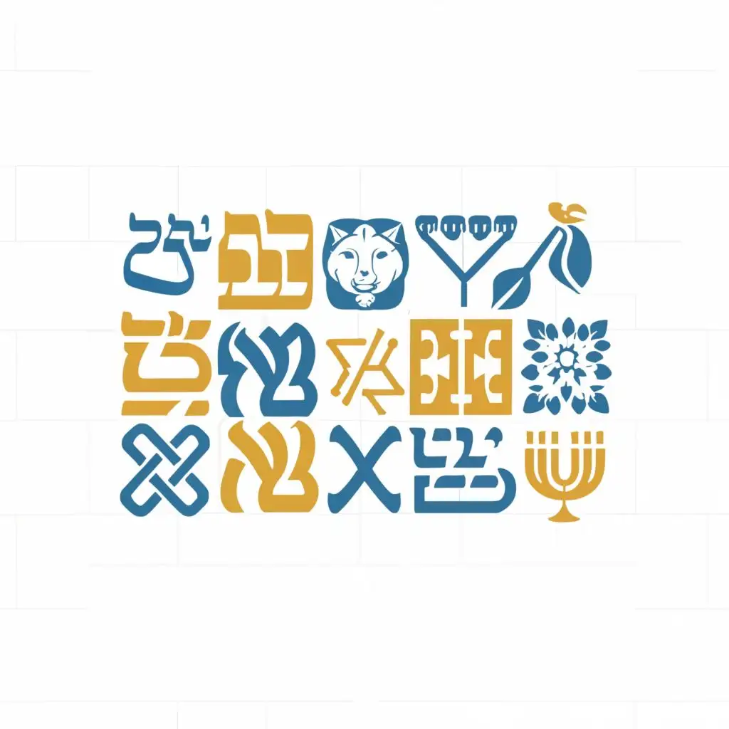 logo, Kitchen tiles, in every style different Jewish symbol, lion of judah, white, simple, blue, yellow, white, with the text "Kosher grannies", typography