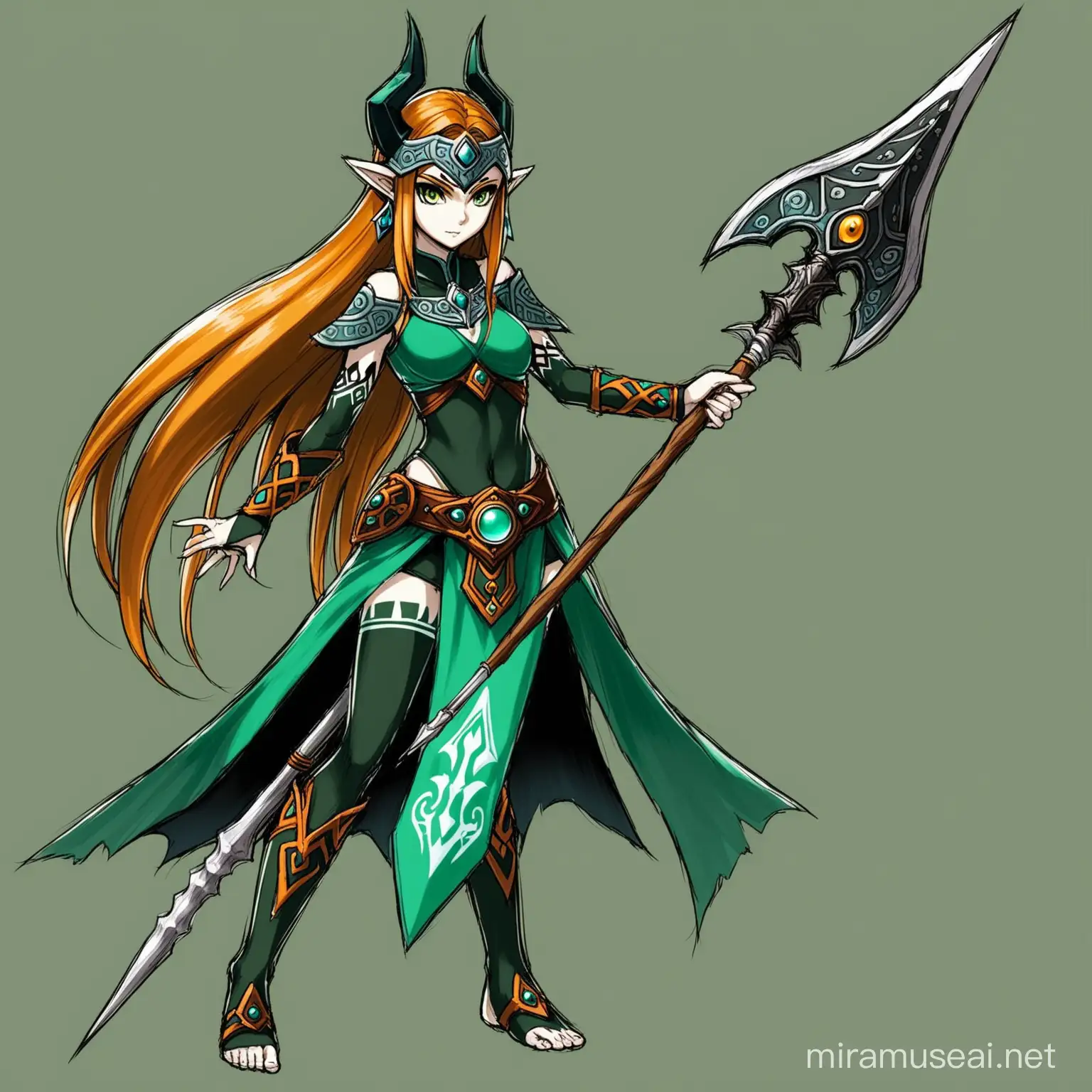 Make a drawing of human Midna from Zelda Twilight Princess. She holds a halberd on her shoulder and cast a spell with her other hand.