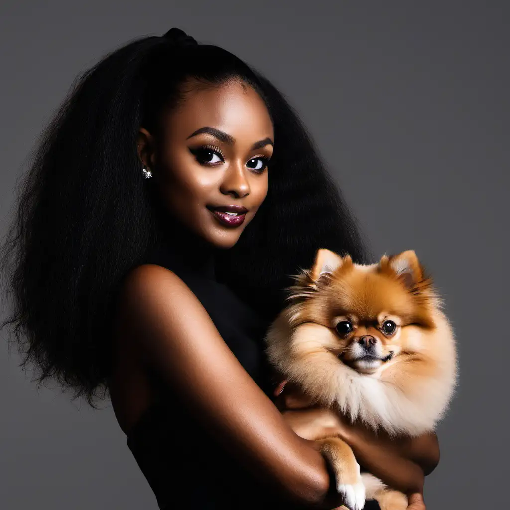 black posh girl holding a Pomeranian dog