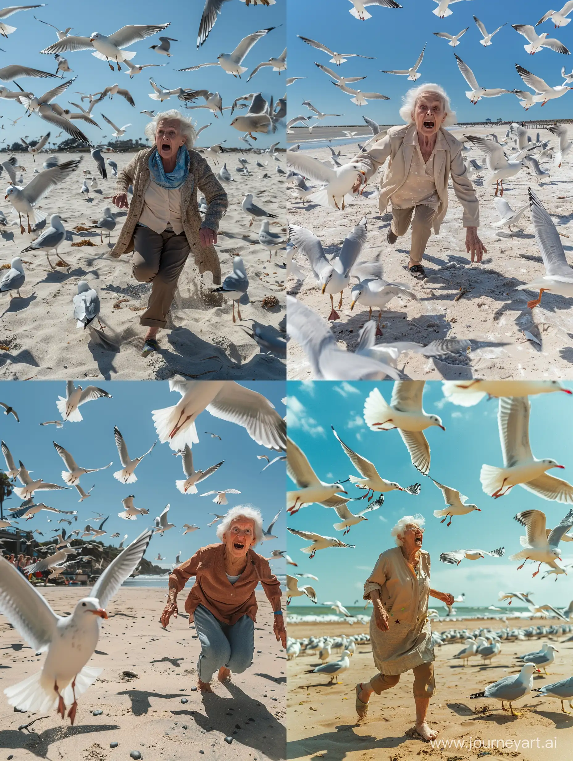 An elderly woman running away in shock from hundreds of seagulls, unexpected angle, beach, sunny, RAW, 8k
