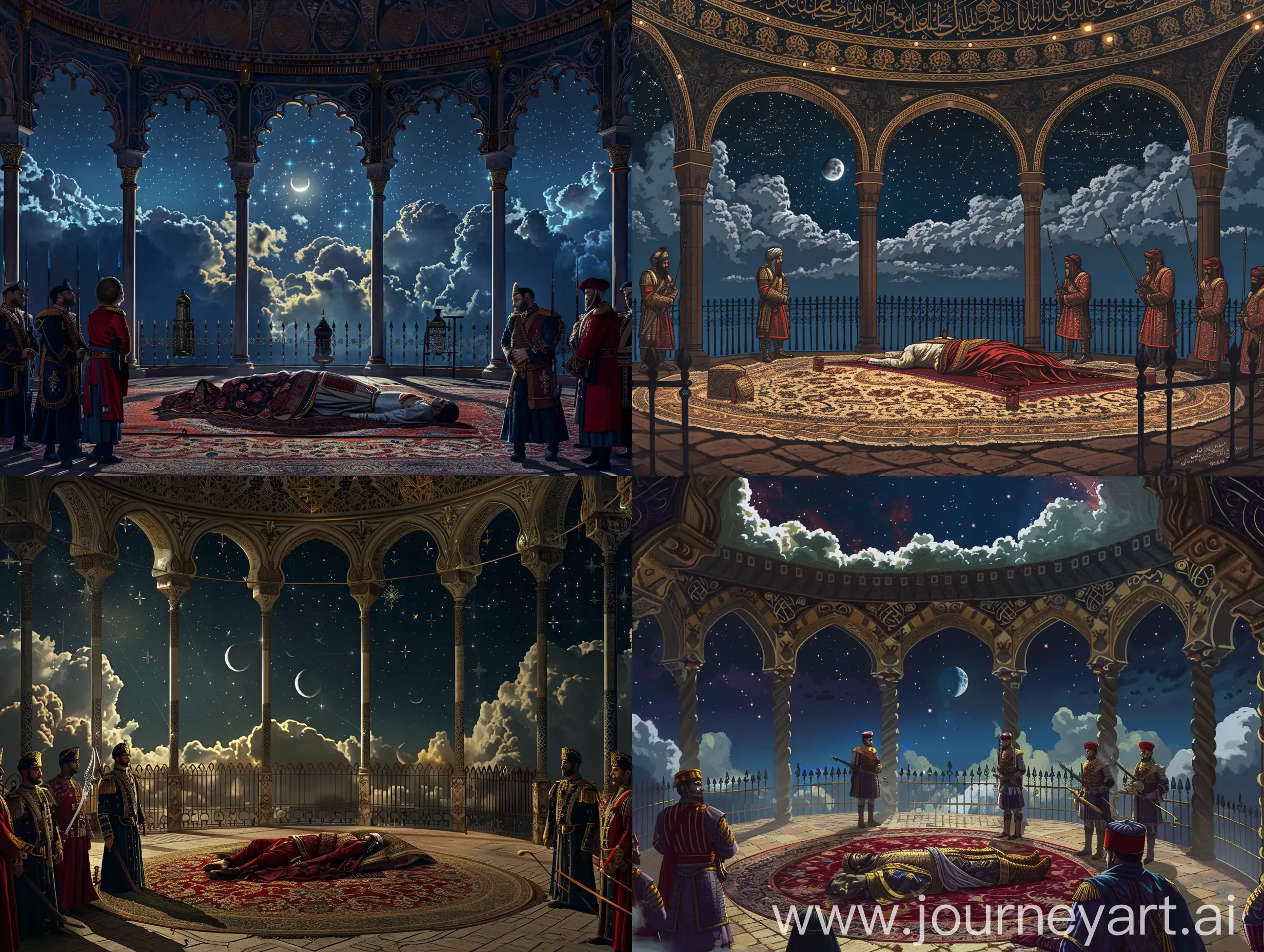 inside of a round isolated hall covered with muqarnas ceiling, at high place having islamic fencing at border, a dead prince lying on the persian carpet surrounded by ottoman guards wearing janissary uniform, Persian arches in the background, night view of clouds and stars and moon outside the arches