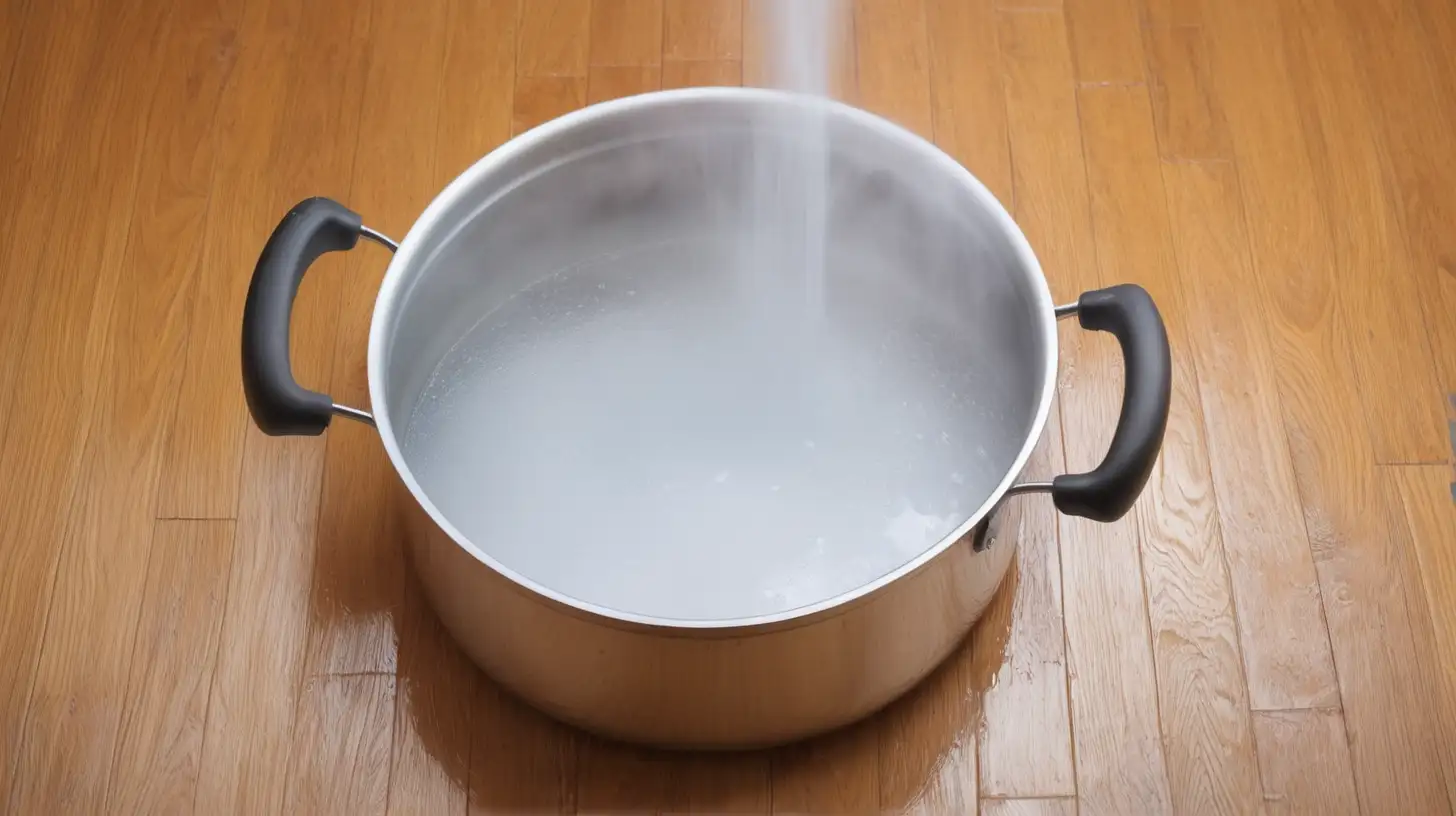 boiling pot with water on wood floor.