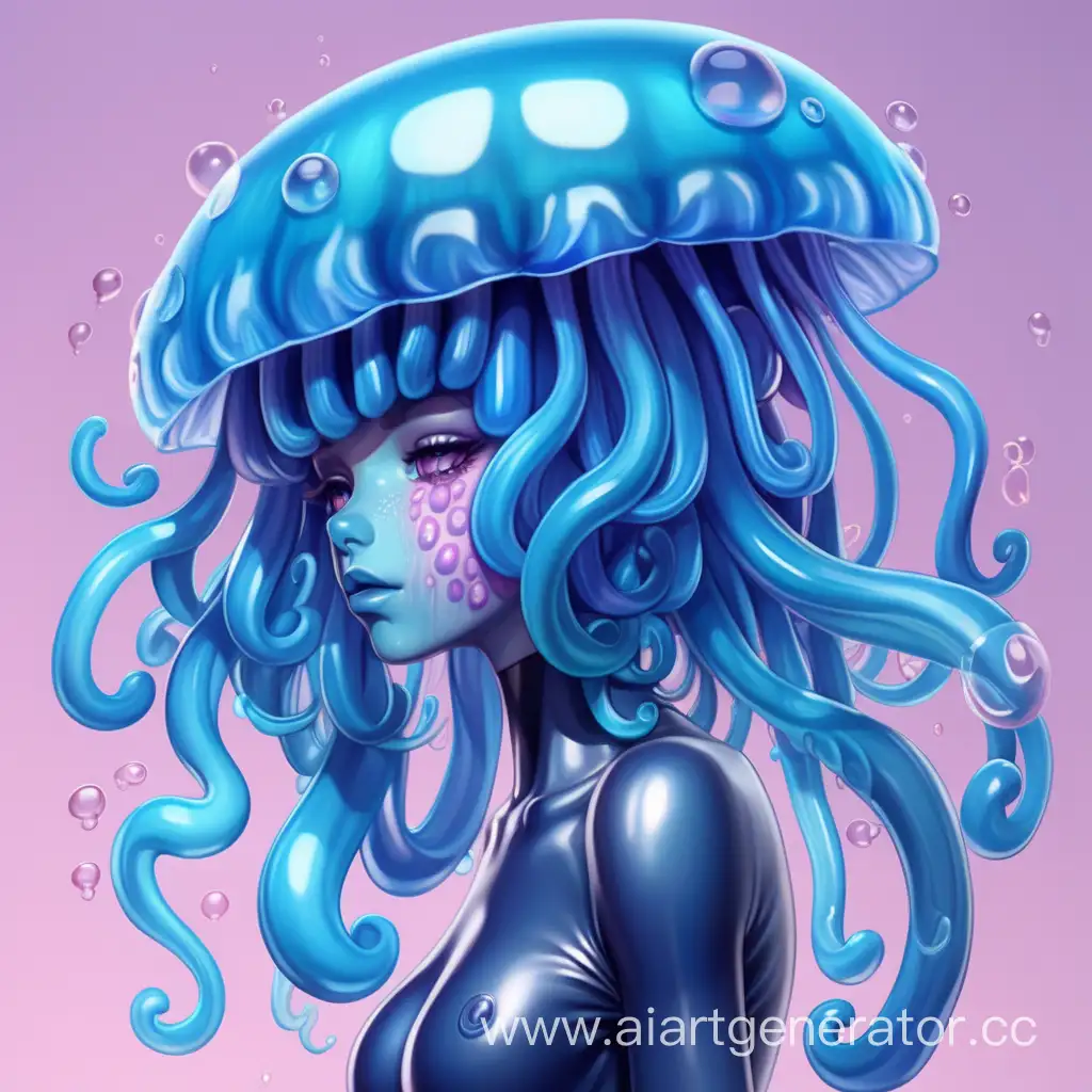 Хуманизация медузы в латексную девушку с голубой латексной кожей с медузой вместо прически с щупальцами медузы по телу. Изображение сделать в милой стилистике