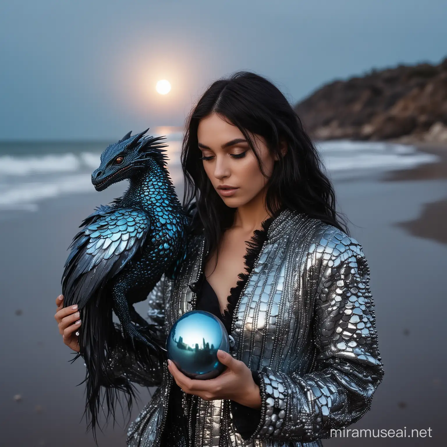 A gorgeous woman model holding a metallic black blue colored tiny dragon inside silver eggshell, pearl iridescent colors, wearing metallic black shiny Schiapirelli inspired couture feather jacket, silver shiny crone, water are extreme long black hair, wes anderson color palette, dark night neon glowing  with gigantic moon beach background, 35mm photography