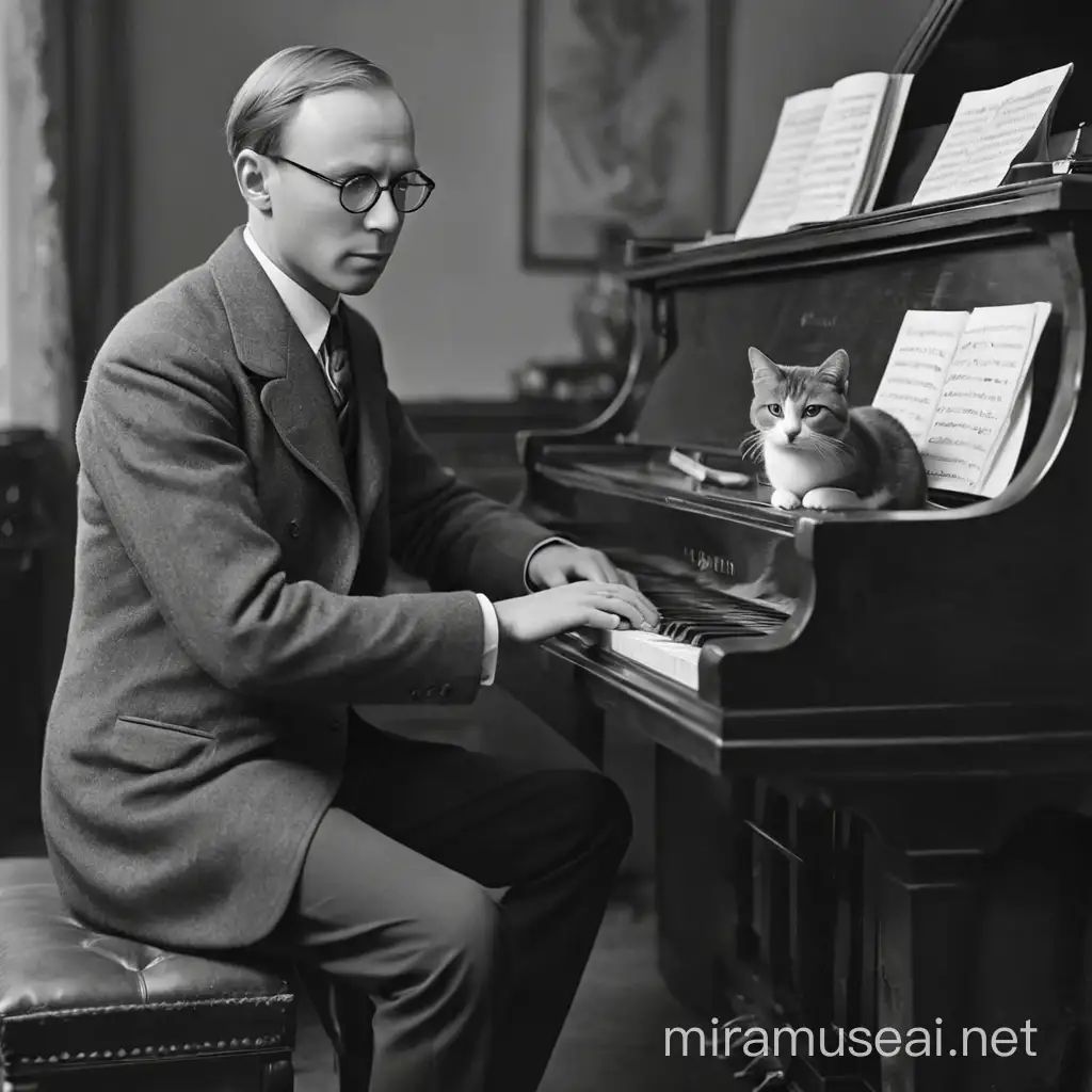 Sergei Prokofiev Composing at the Piano with a Cat