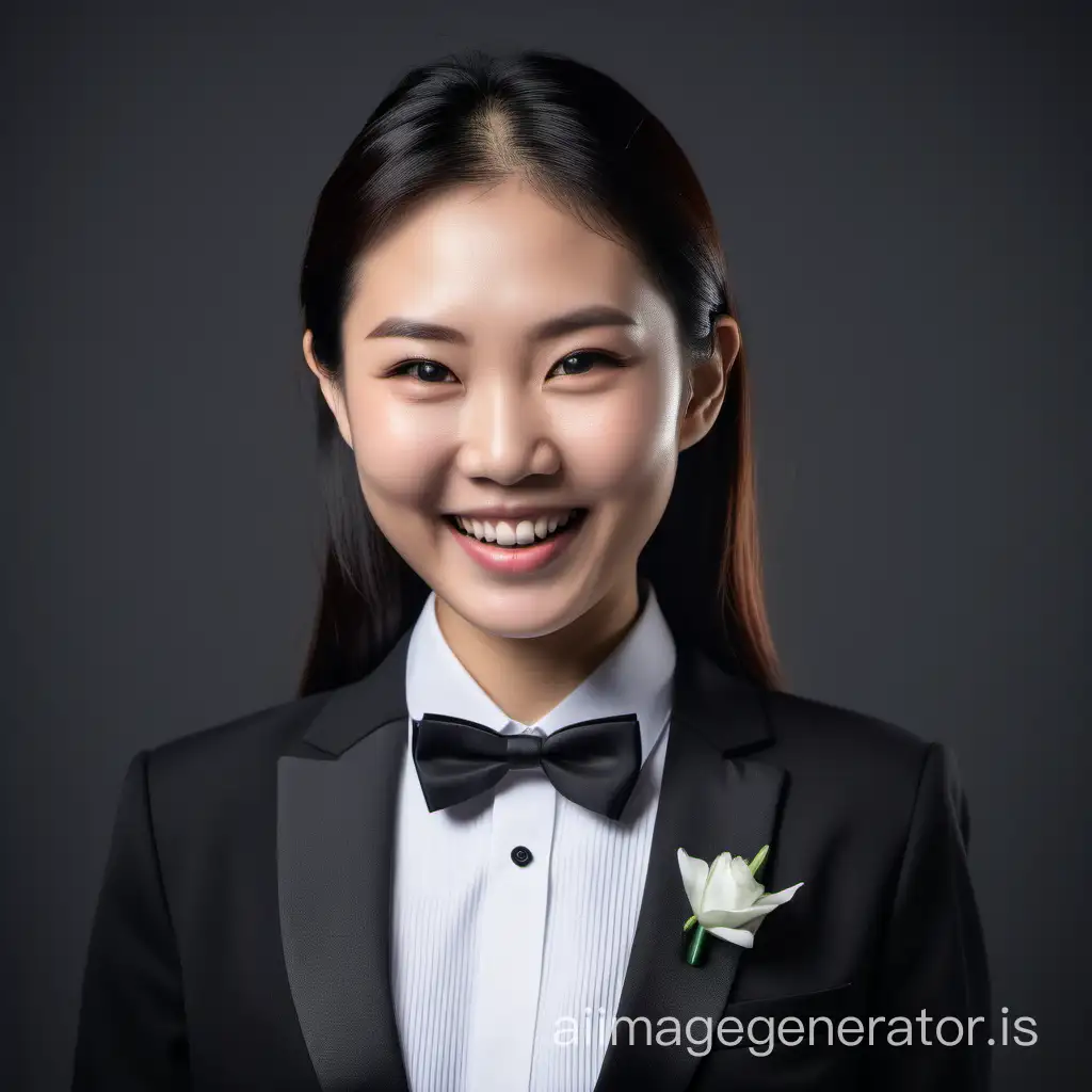 confident and sophisticated and smiling and laughing Asian woman wearing a black tuxedo with a white shirt and a black bow tie