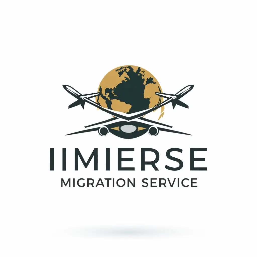 logo, airplane and globe, with the text "immerse migration service", typography, be used in Travel industry