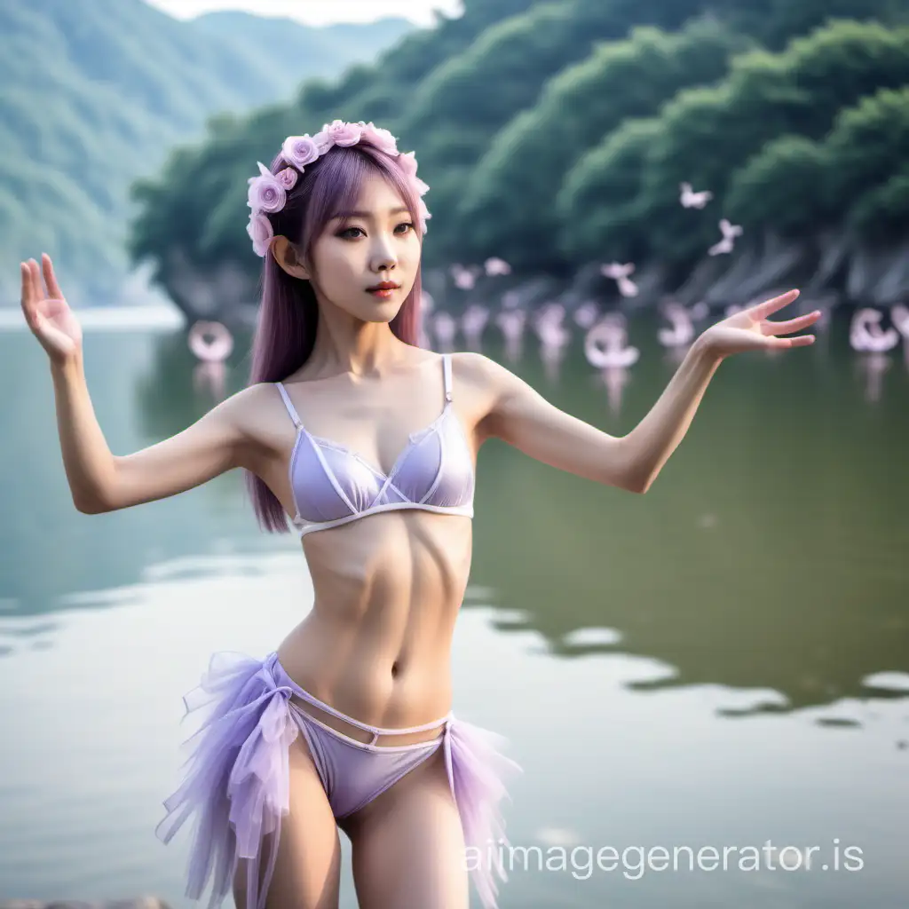 Qigong, a Japanese natural slender female lingerie dancer with perfect grammar, spiritually dancing with 100 monkeys, celebrating lakeside scene, mocha white, lavender rose, kawaii