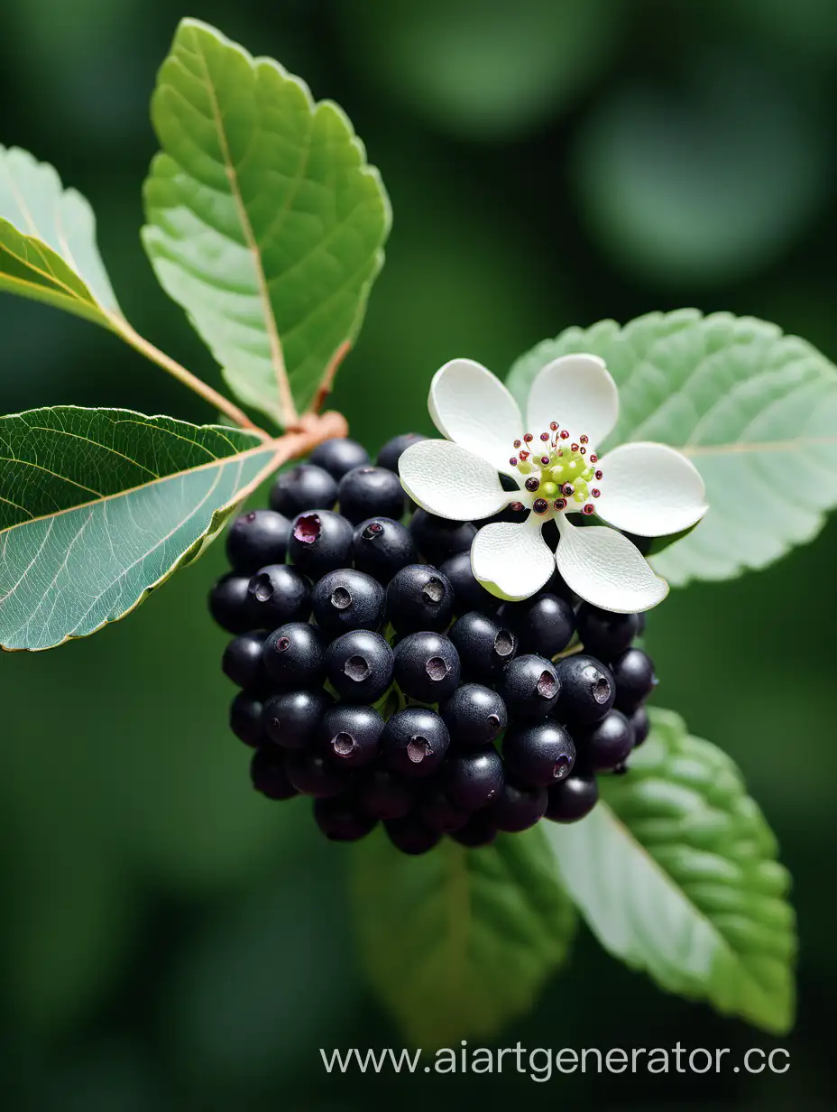 Dark-Green-Aronia-Fruit-with-Blooming-Flowers-Background