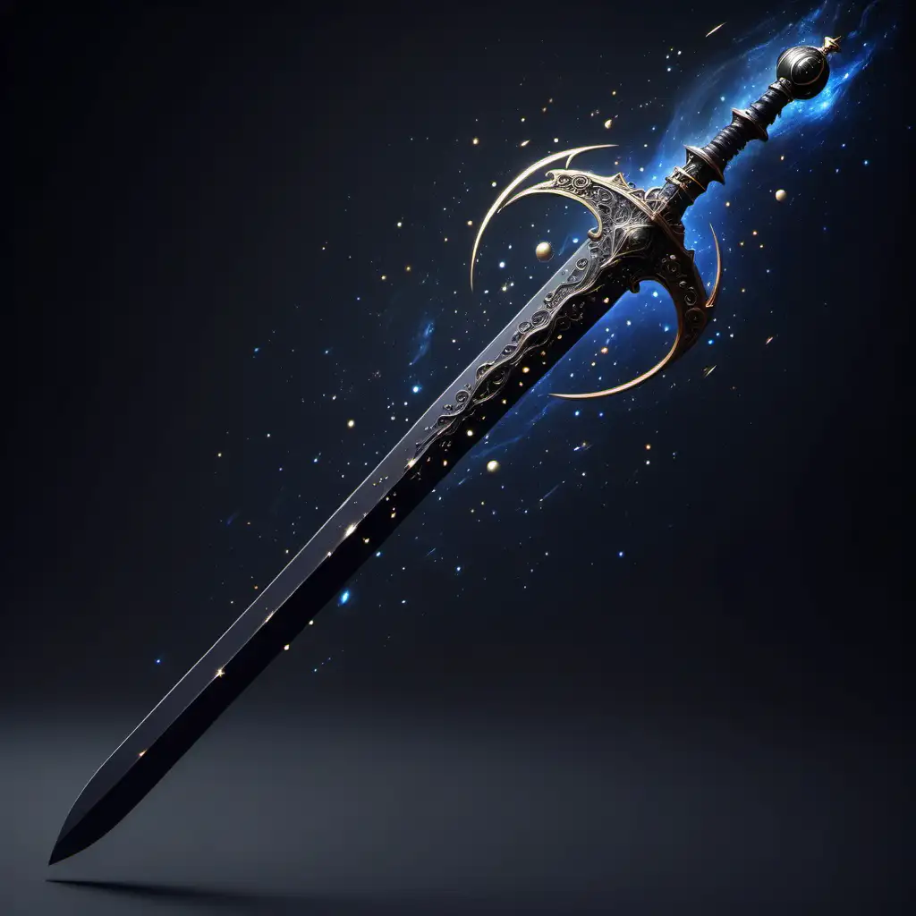 A smooth black sword that has constellations on its surface.  It has a handle guard resembling the orbits of planets around it