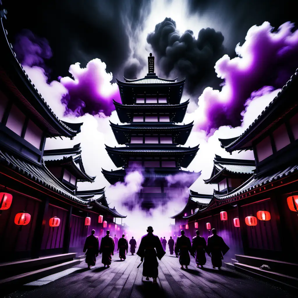 Ethereal Japanese Cyberpunk Village Shadows Temples and Training Monks