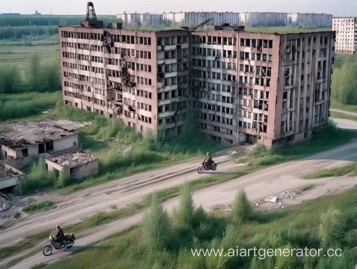 старые потрёпанные заброшенные советские заводы, хрущевки на половину засыпанные, люди которые пытаются выжить, байкер на чоппере едет по длинной, разбитой дороге