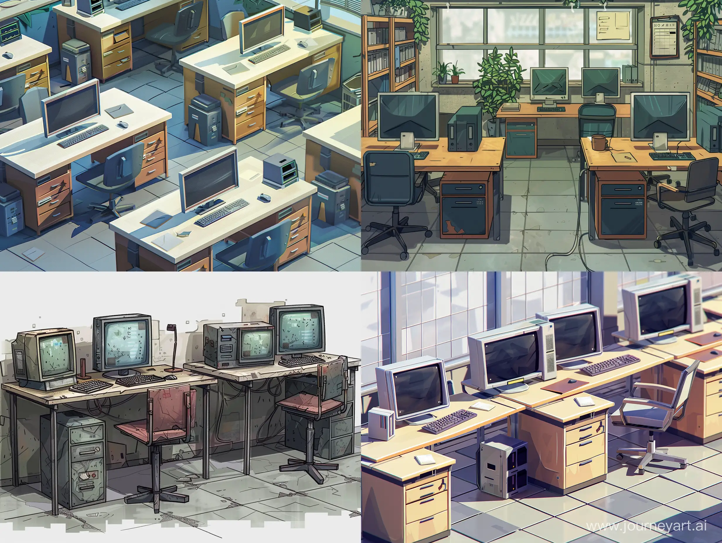 a tile set of sprites for 2d platformer. office desks with computers. interior for 2d game. A map of sprites.minimalism. post-apocalypse, brutalism. 8k. photorealism, unreal engine