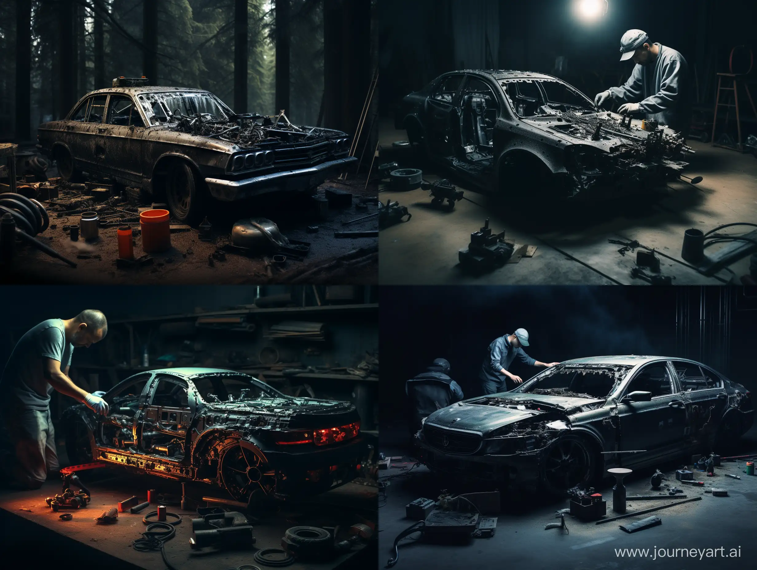car assembly process, dark beautiful photo for album cover