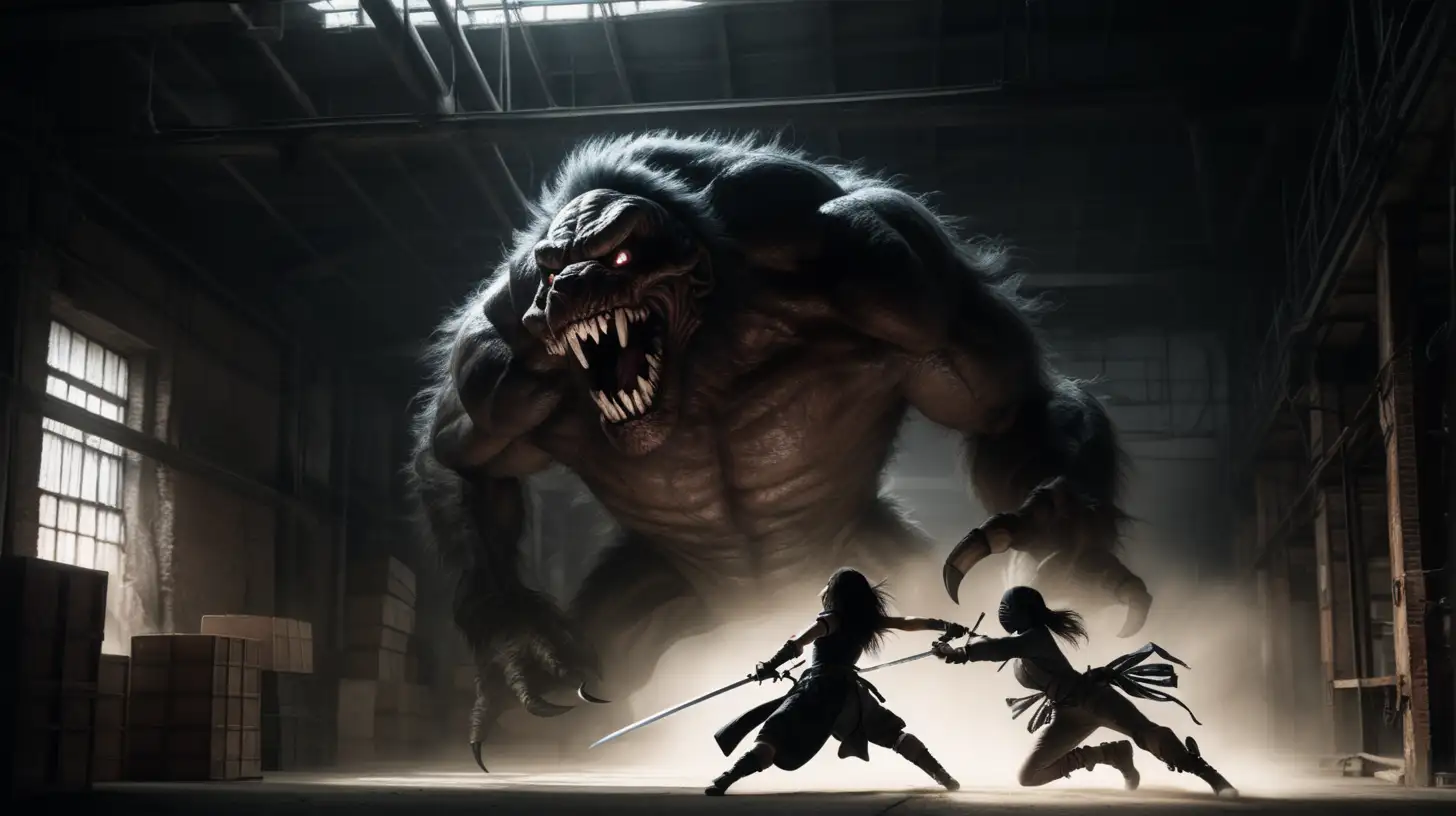 Epic Battle Ninja Confrontation with a Nightmarish Beast in a Noir Warehouse