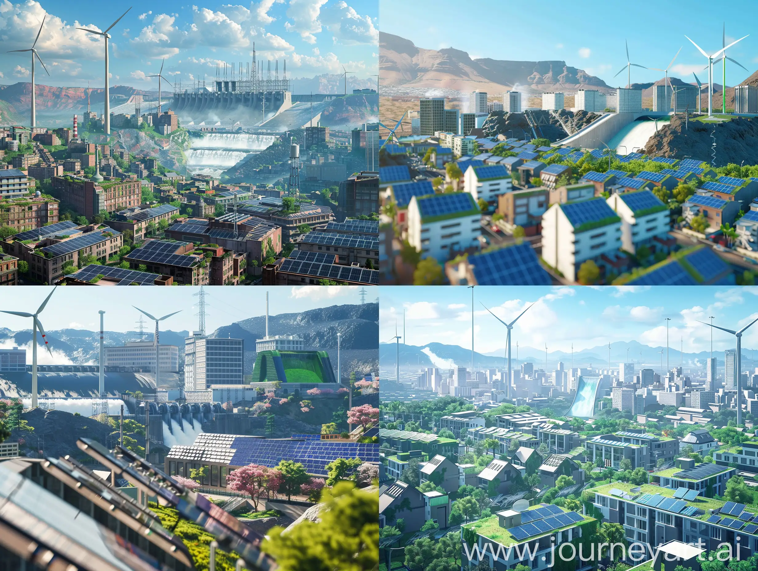  A hyperrealistic image of a bustling cityscape powered by a mix of energy sources. Wind turbines stand tall in the distance, solar panels line rooftops, and a hydroelectric dam provides power in the background, with the idea of a green future