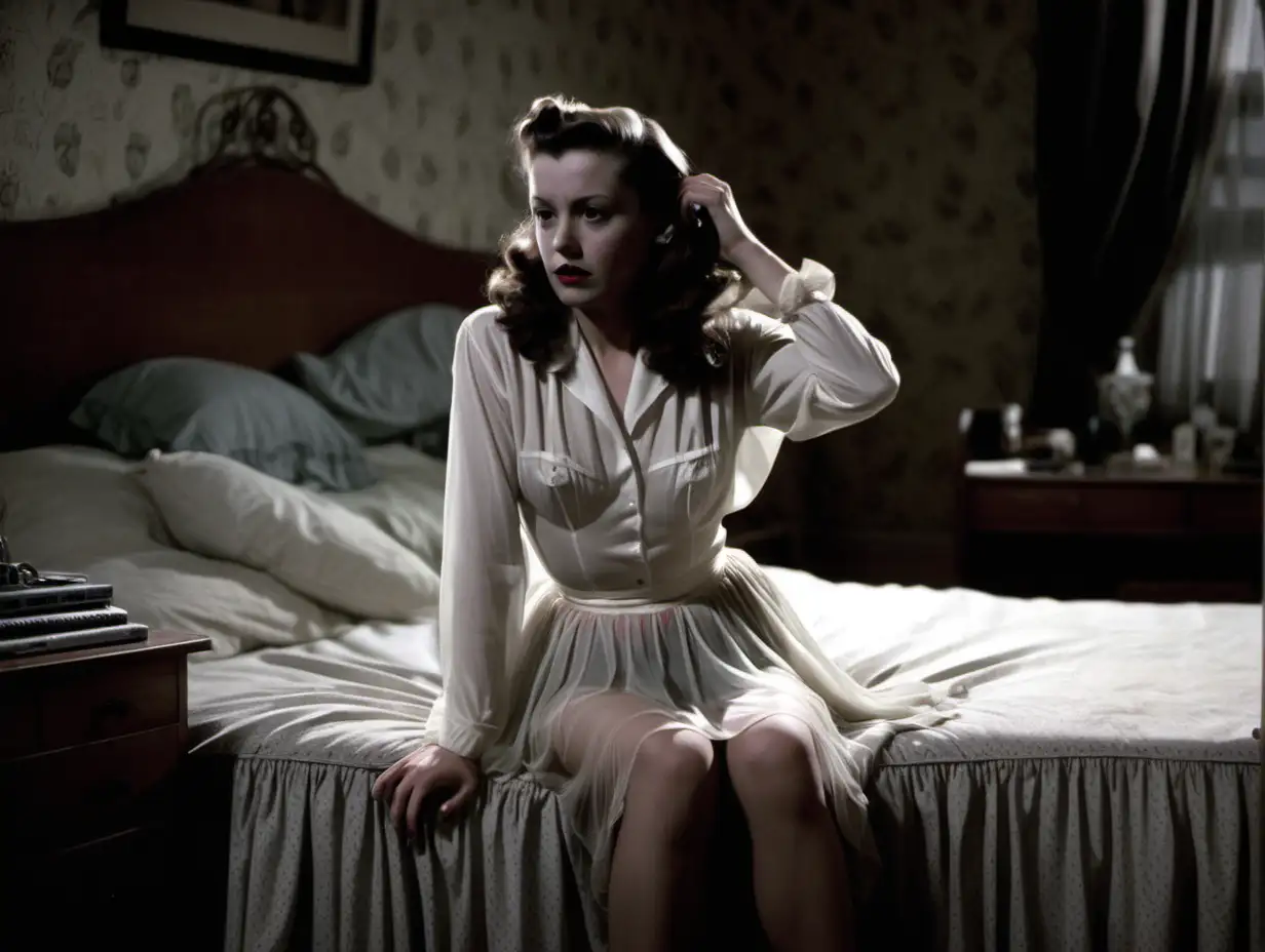 Carmen Sternwood sitting on the bed in a 1940s bedroom, wearing sheer silk petticoat, combing out her long hair, blank expression on her face, dimly lit interior, film noir atmosphere