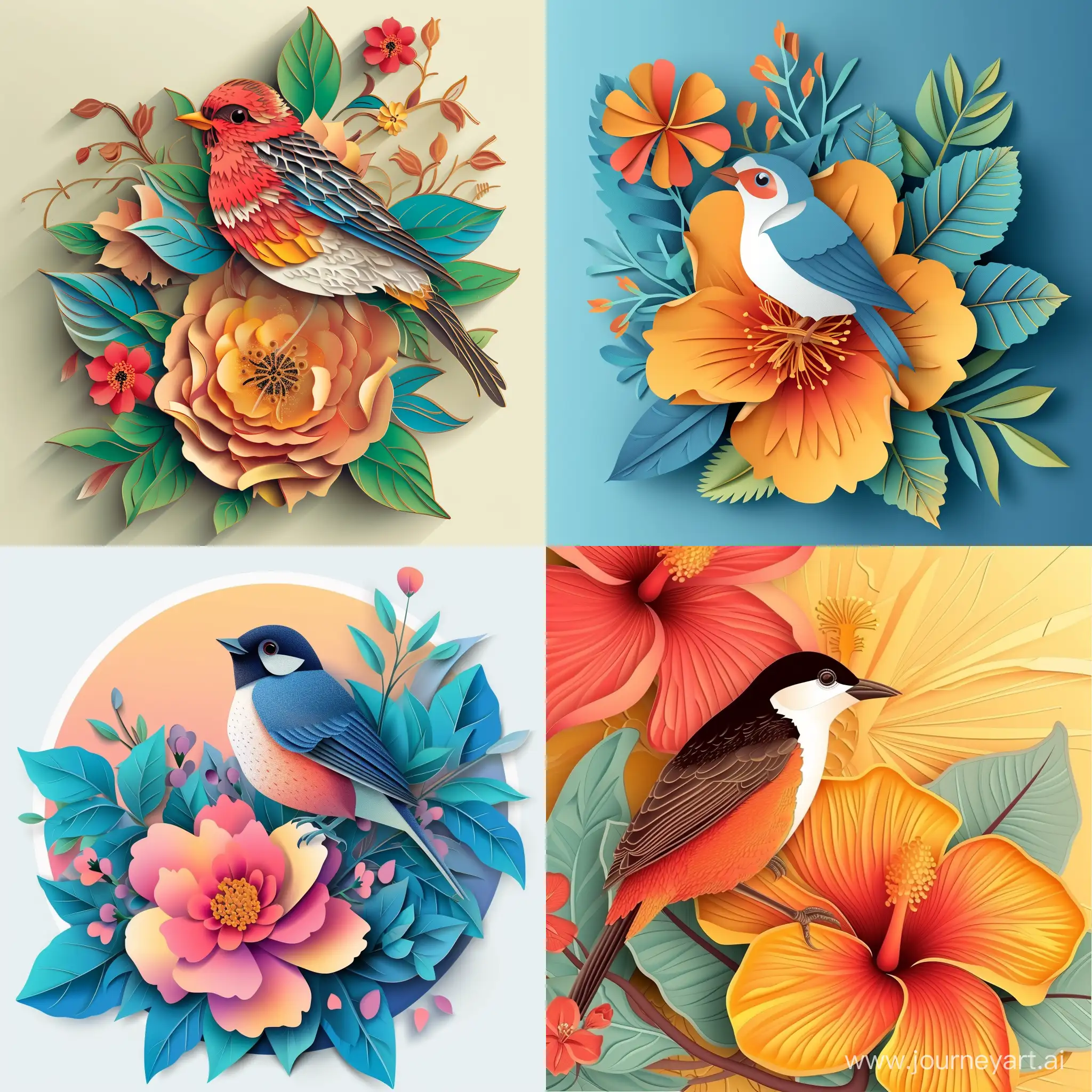 cut paper art of bird on beautiful flower, in vector style, high quality details