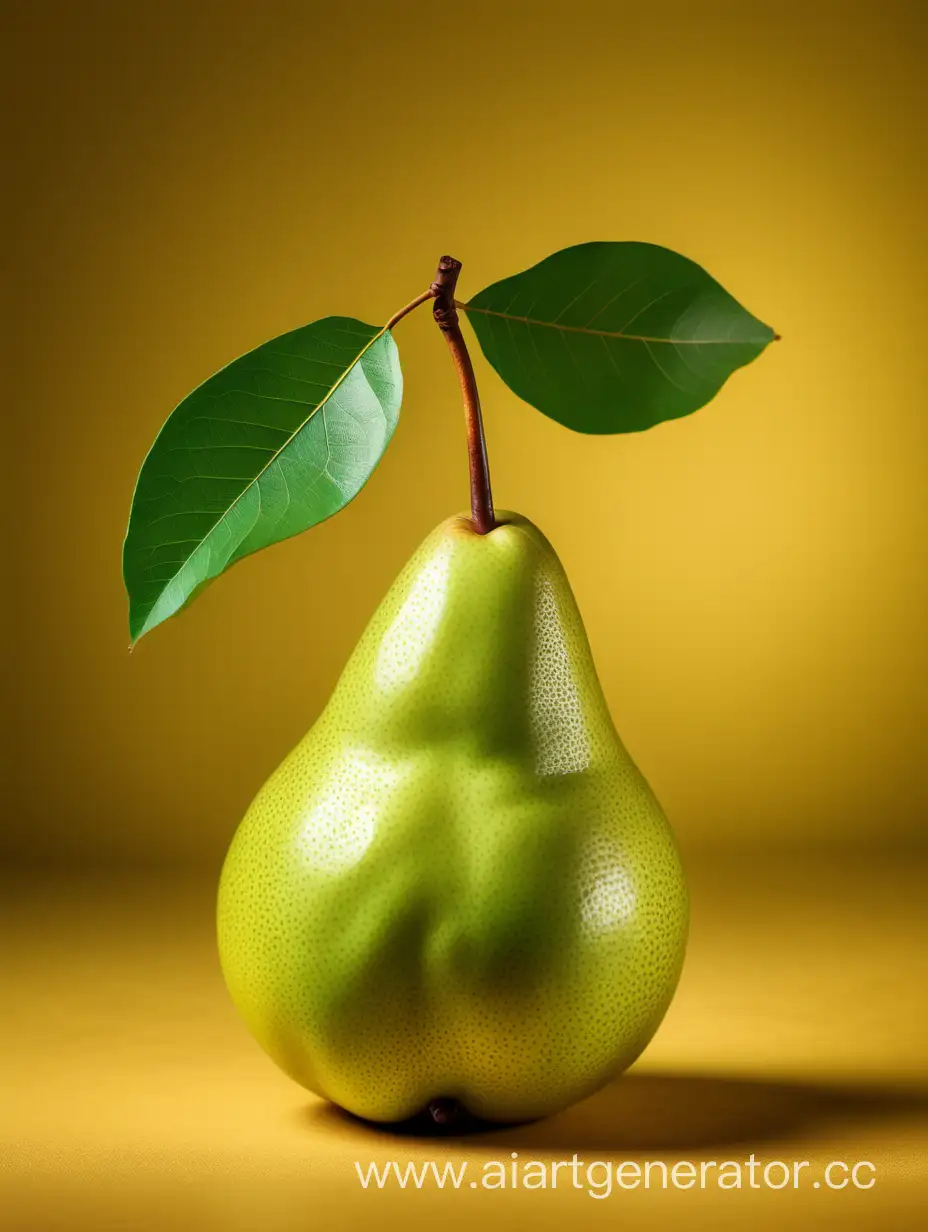 Asian fresh green Pear with leaves on dark yellow background