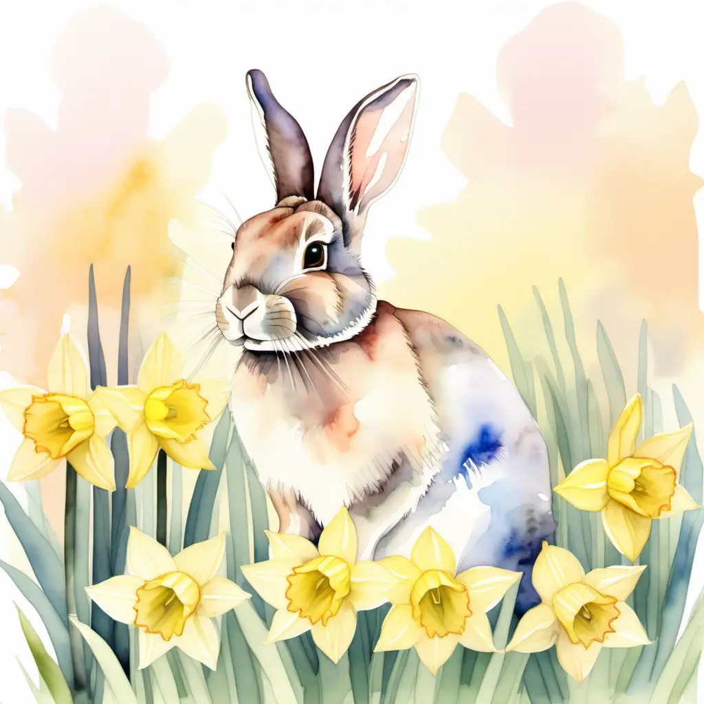 watercolour style rabbit in field of daffodils with pastel colour background