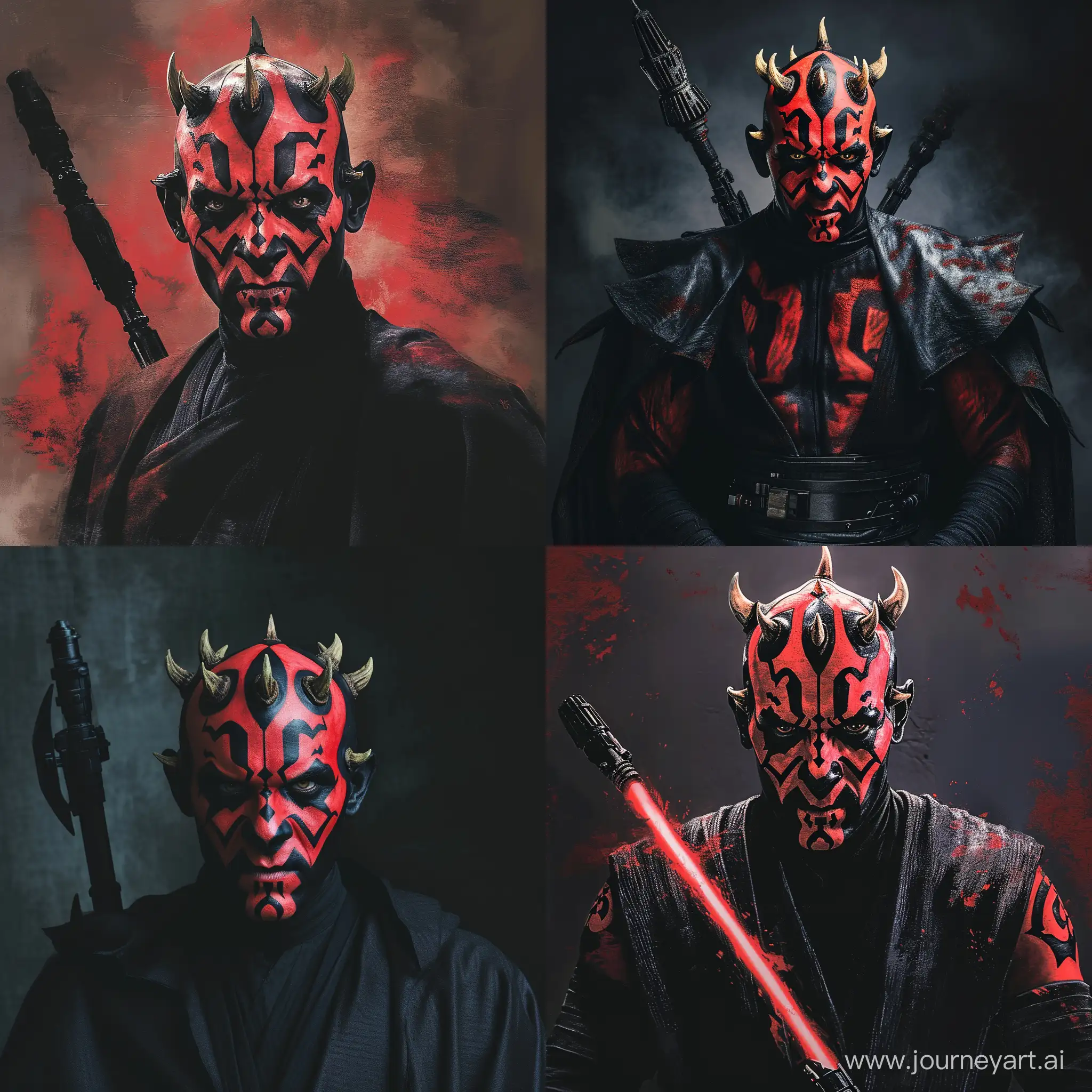 Generate an image where Sam Witwer transforms into the menacing character Darth Maul from Star Wars. Capture the fierce and intimidating presence of Darth Maul, with Sam Witwer embodying the Sith Lord's iconic red and black appearance. Pay close attention to the details of Maul's facial markings, horns, and the double-bladed lightsaber. Ensure that Sam Witwer brings intensity and a sense of controlled aggression to the portrayal, staying true to the character's dark and formidable nature.